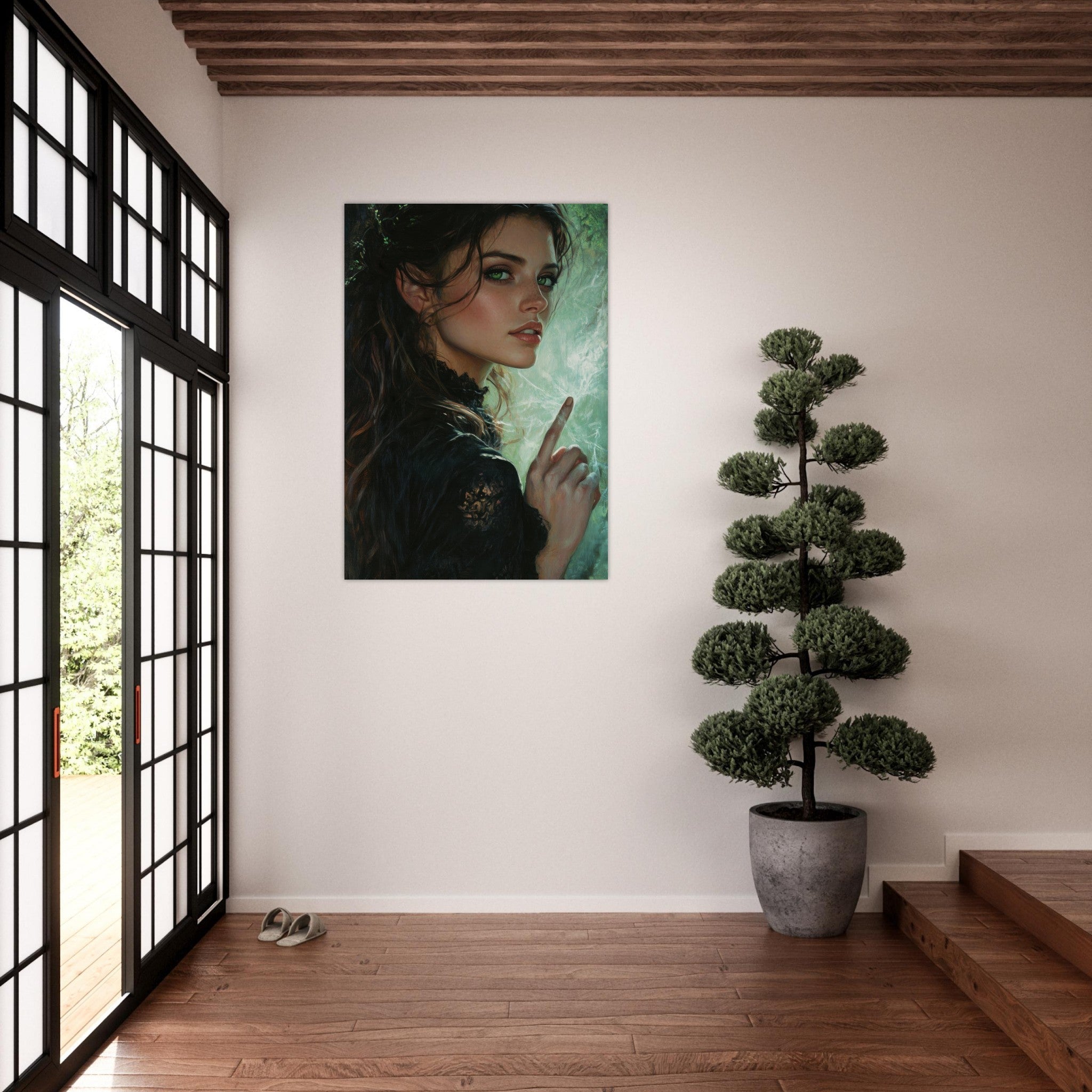 Aluminum Print Portrait - The Fae Sorceress of the Emerald Woods Oil Faint 6 - Ai Art Force