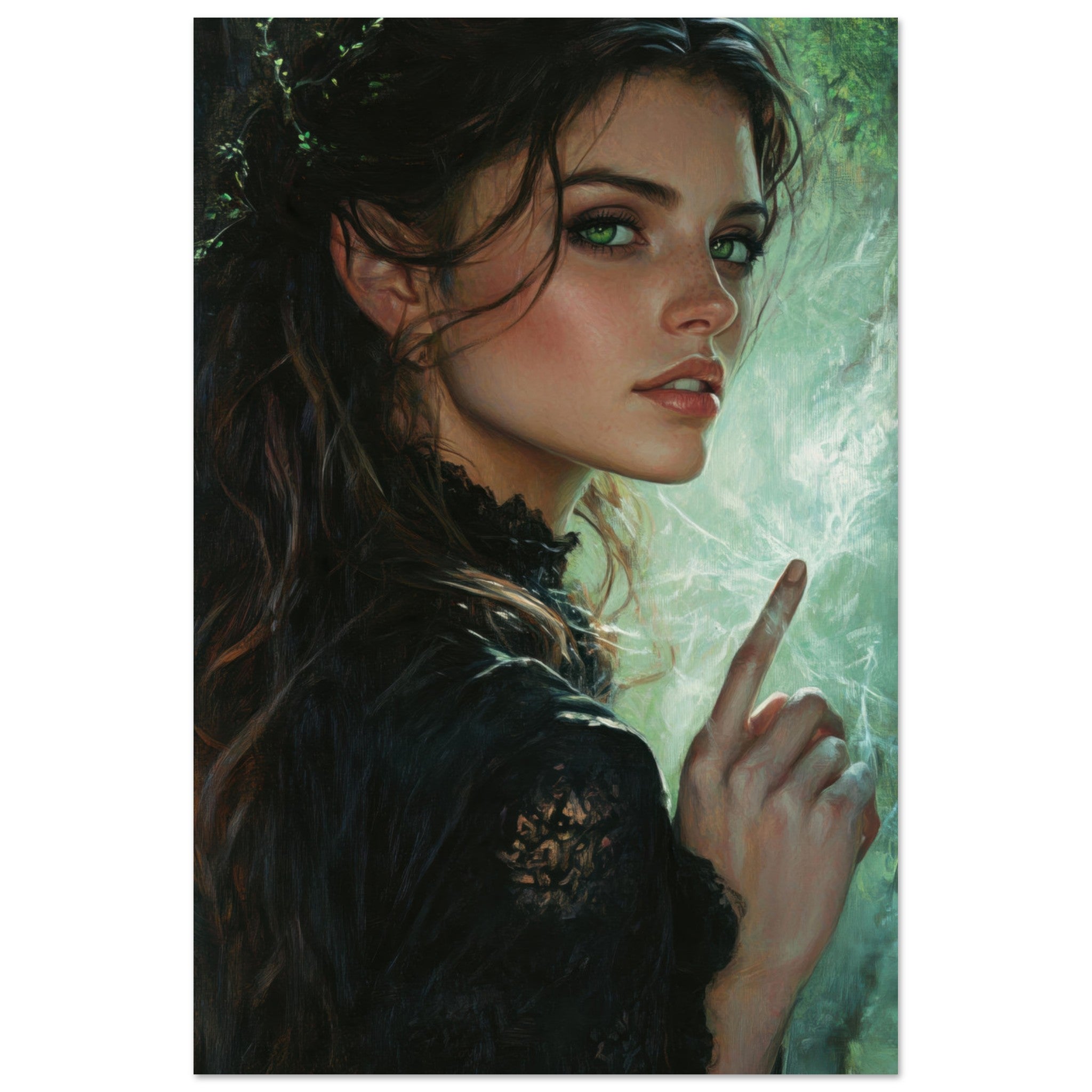 Aluminum Print Portrait - The Fae Sorceress of the Emerald Woods Oil Faint 6 - Ai Art Force