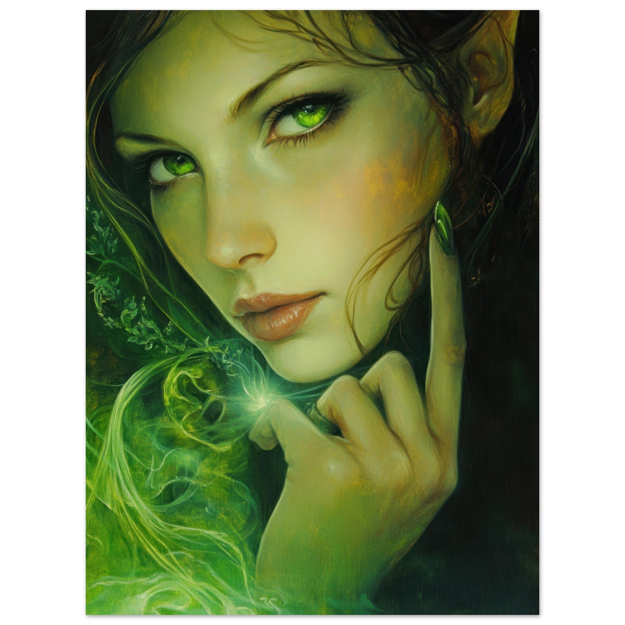 Aluminum Print Portrait - The Fae Sorceress of the Emerald Woods Oil Faint - Shop Ai Art WebShop - Digital Art online Store