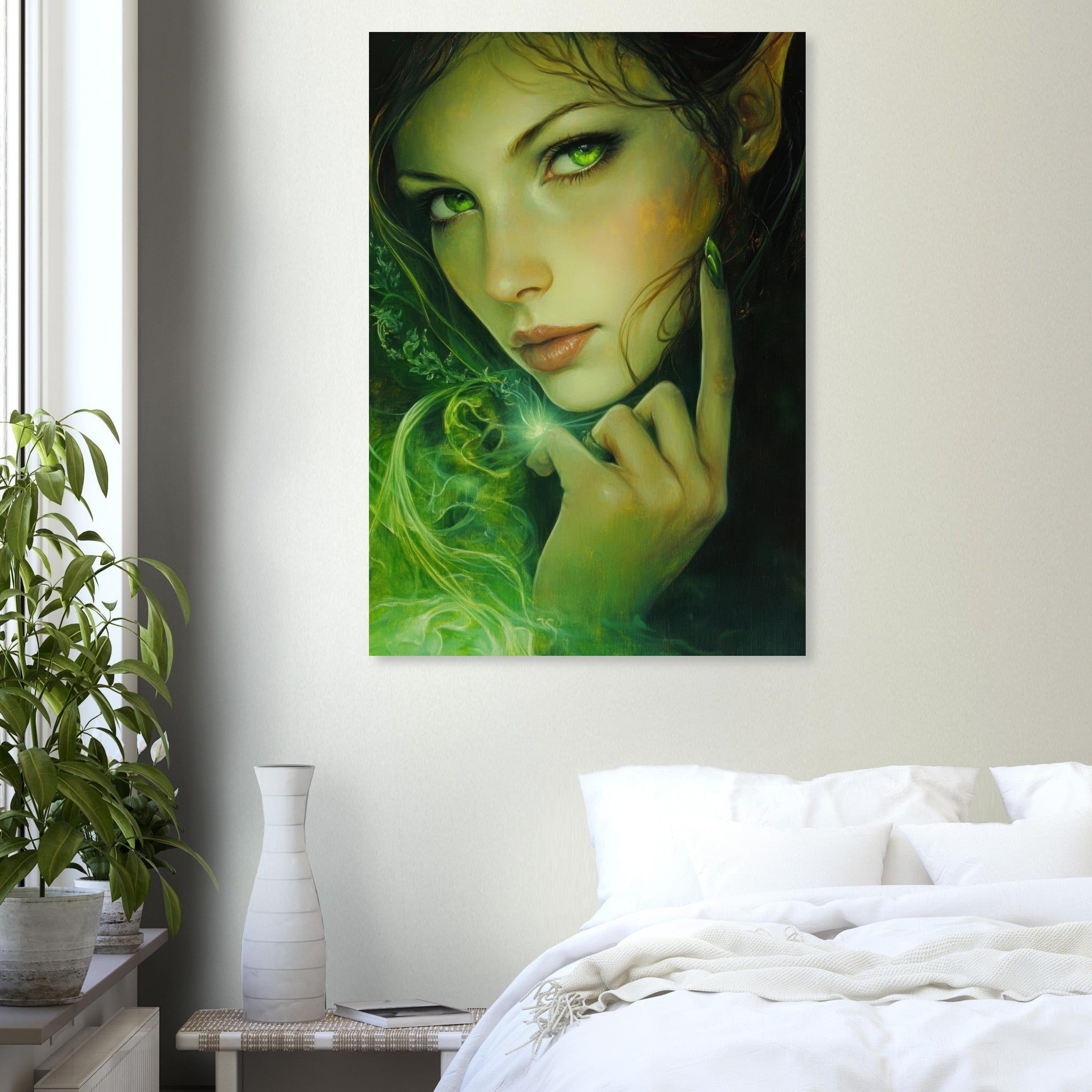 Aluminum Print Portrait - The Fae Sorceress of the Emerald Woods Oil Faint - Shop Ai Art WebShop - Digital Art online Store