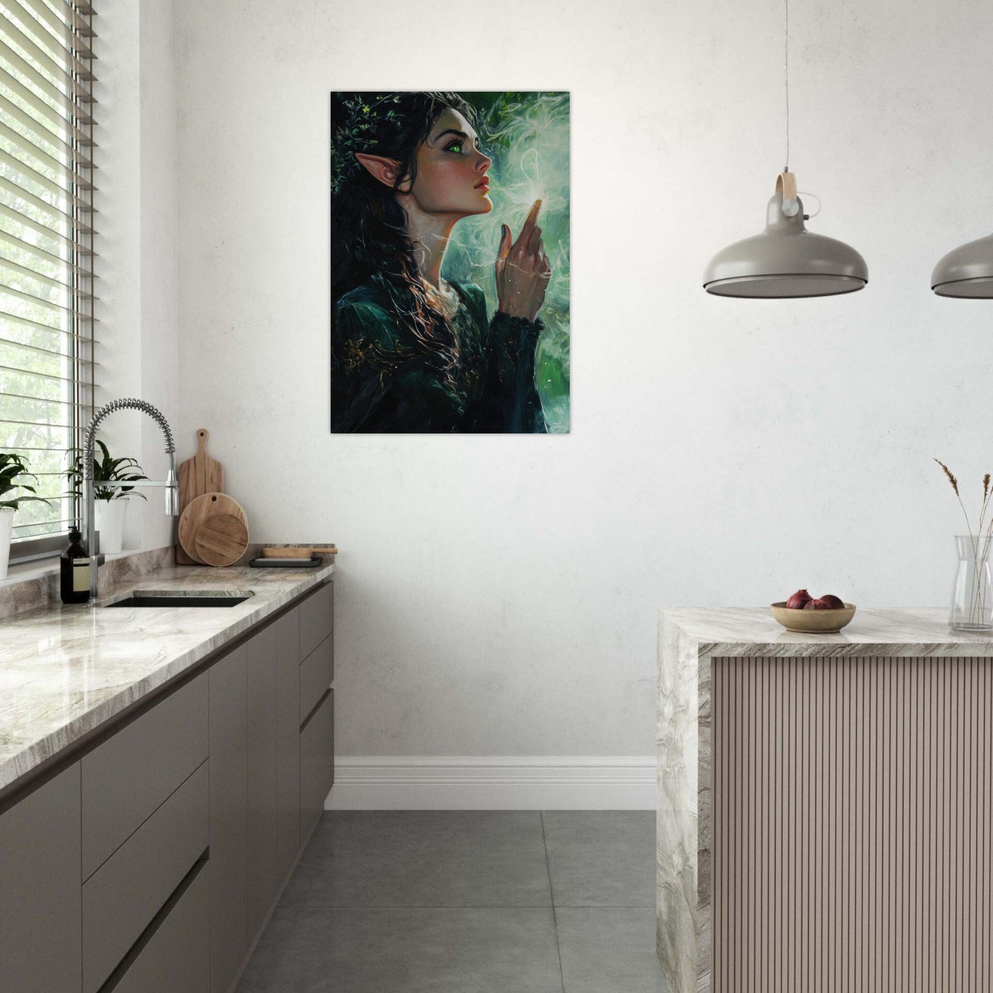 Aluminum Print Portrait - The Fae Sorceress of the Emerald Woods Oil Faint 7 - Shop Ai Art WebShop - Digital Art online Store
