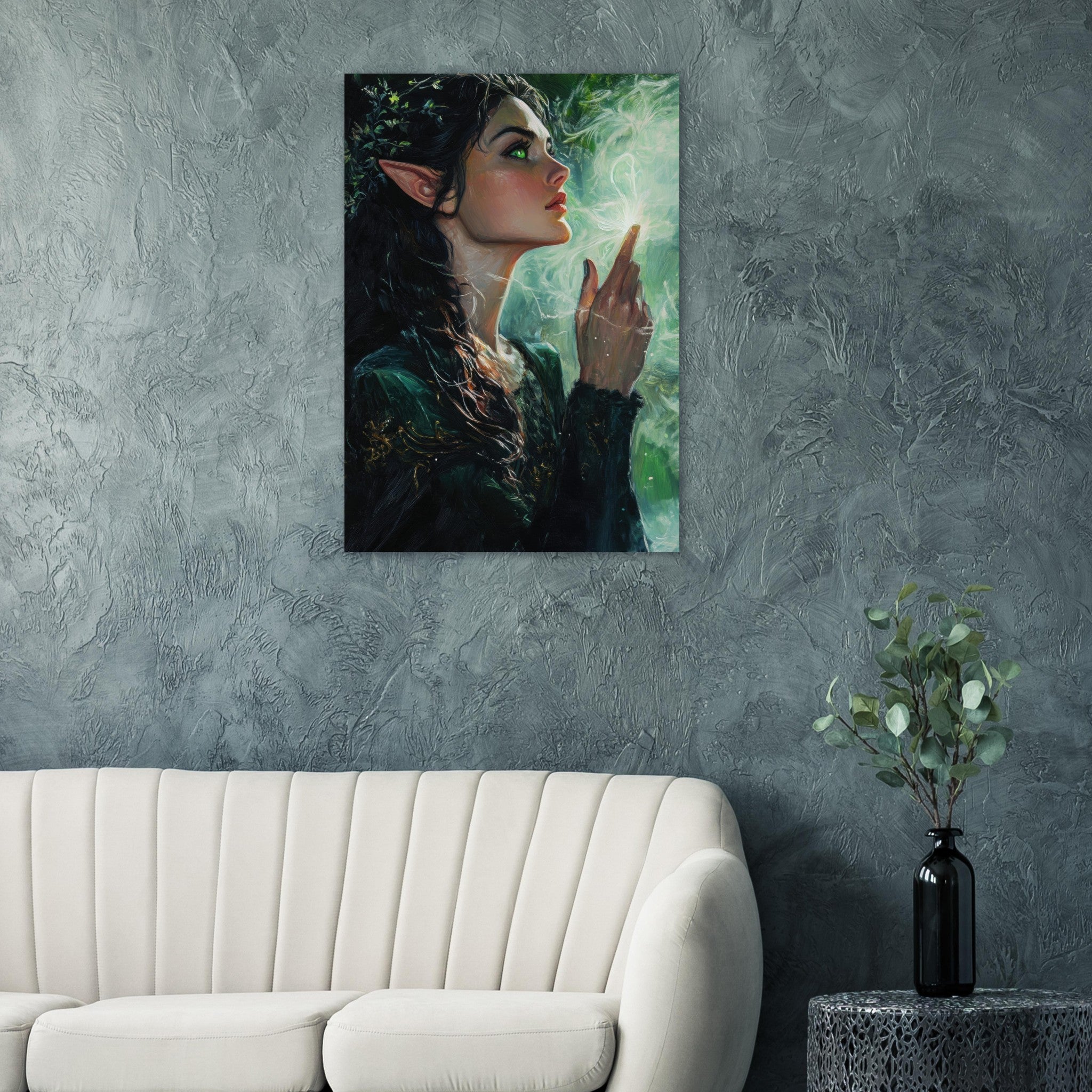 Aluminum Print Portrait - The Fae Sorceress of the Emerald Woods Oil Faint 7 - Shop Ai Art WebShop - Digital Art online Store