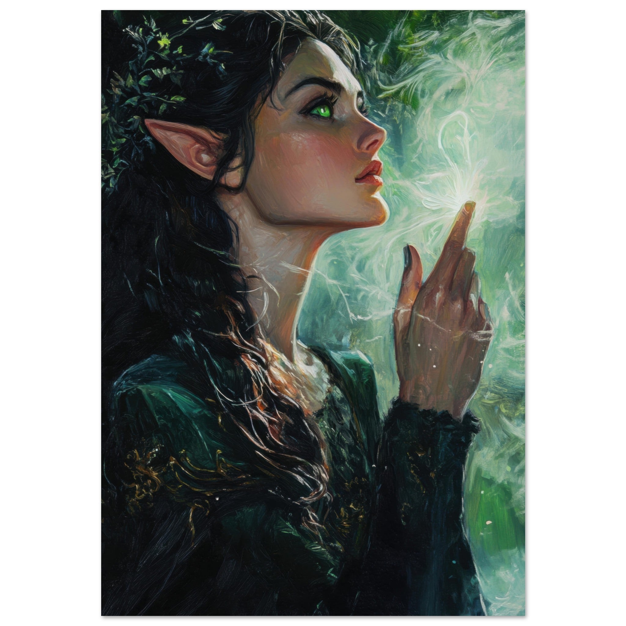 Aluminum Print Portrait - The Fae Sorceress of the Emerald Woods Oil Faint 7 - Shop Ai Art WebShop - Digital Art online Store