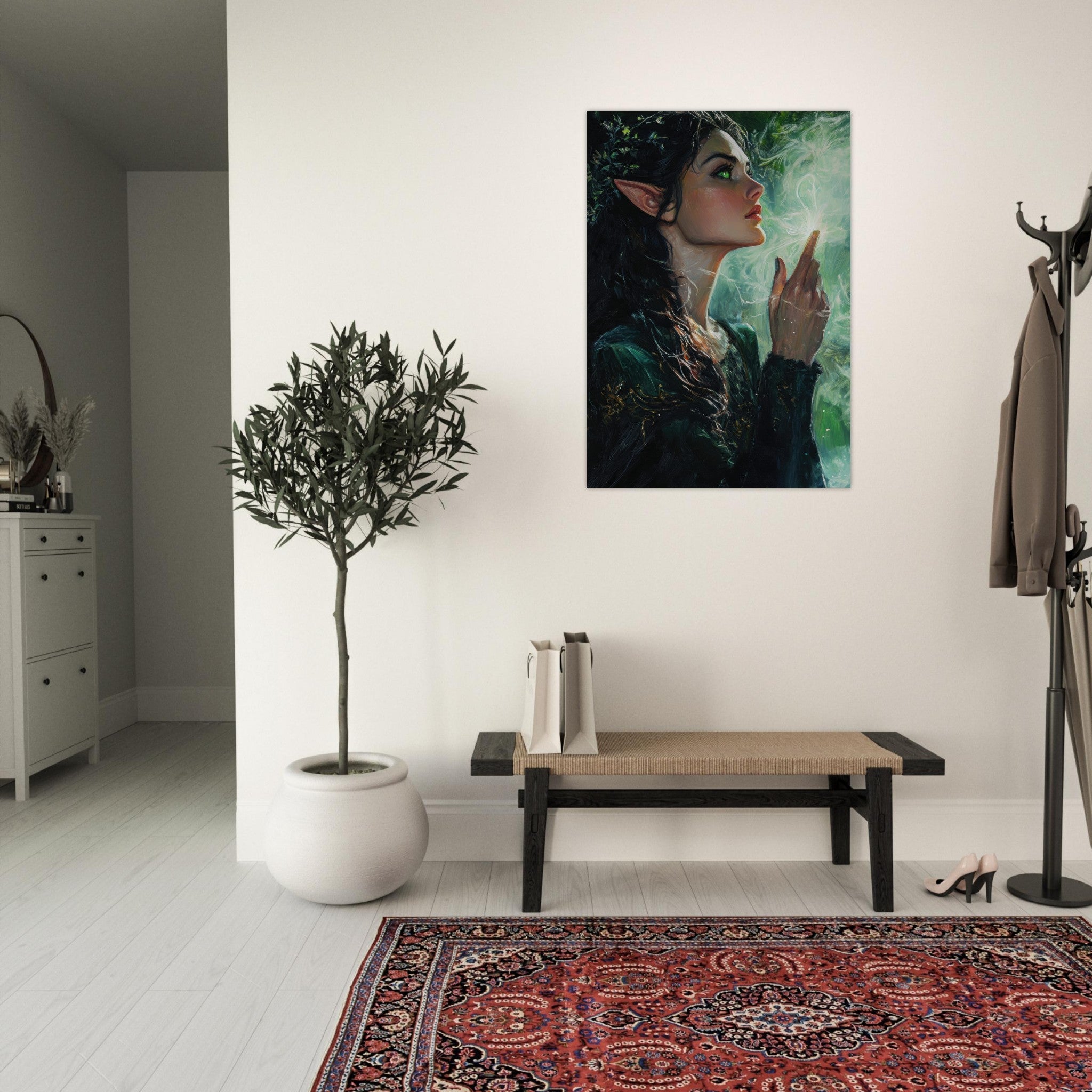 Aluminum Print Portrait - The Fae Sorceress of the Emerald Woods Oil Faint 7 - Shop Ai Art WebShop - Digital Art online Store