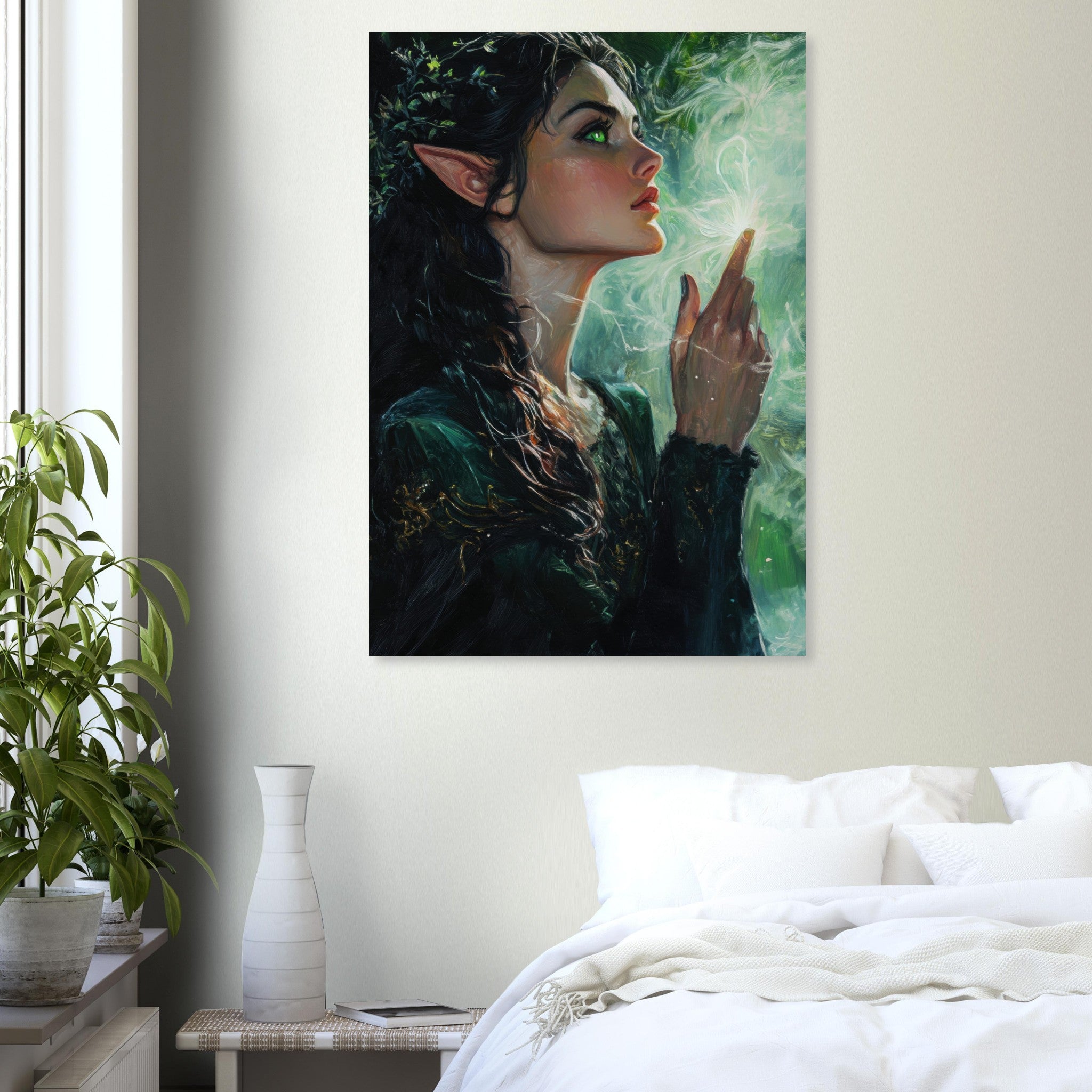 Aluminum Print Portrait - The Fae Sorceress of the Emerald Woods Oil Faint 7 - Shop Ai Art WebShop - Digital Art online Store