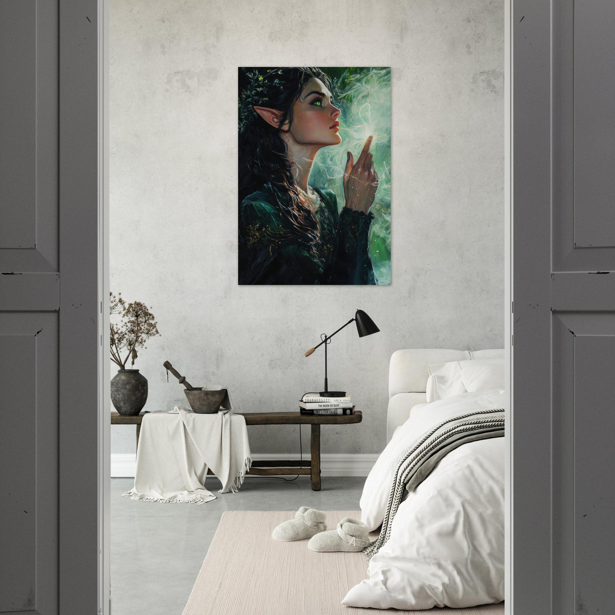 Aluminum Print Portrait - The Fae Sorceress of the Emerald Woods Oil Faint 7 - Shop Ai Art WebShop - Digital Art online Store