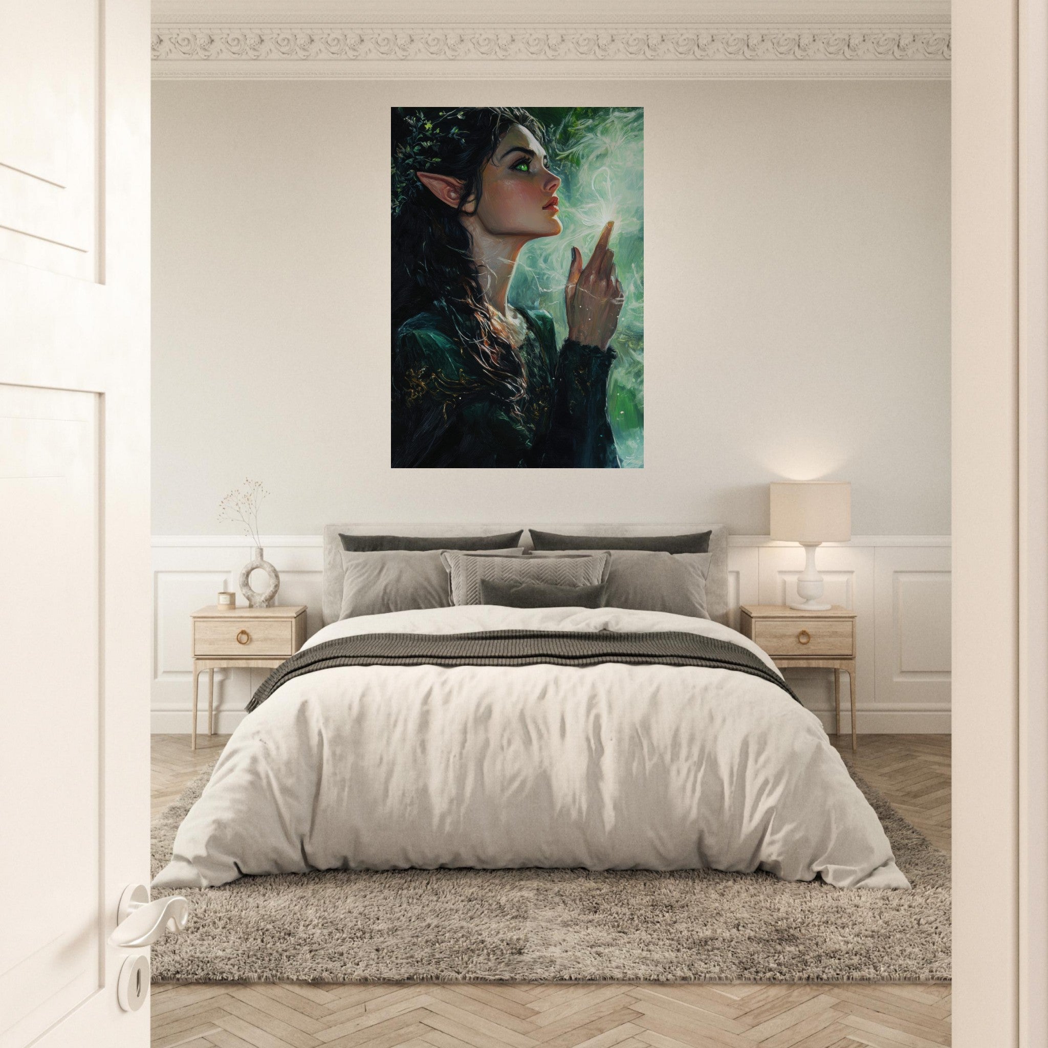 Aluminum Print Portrait - The Fae Sorceress of the Emerald Woods Oil Faint 7 - Shop Ai Art WebShop - Digital Art online Store