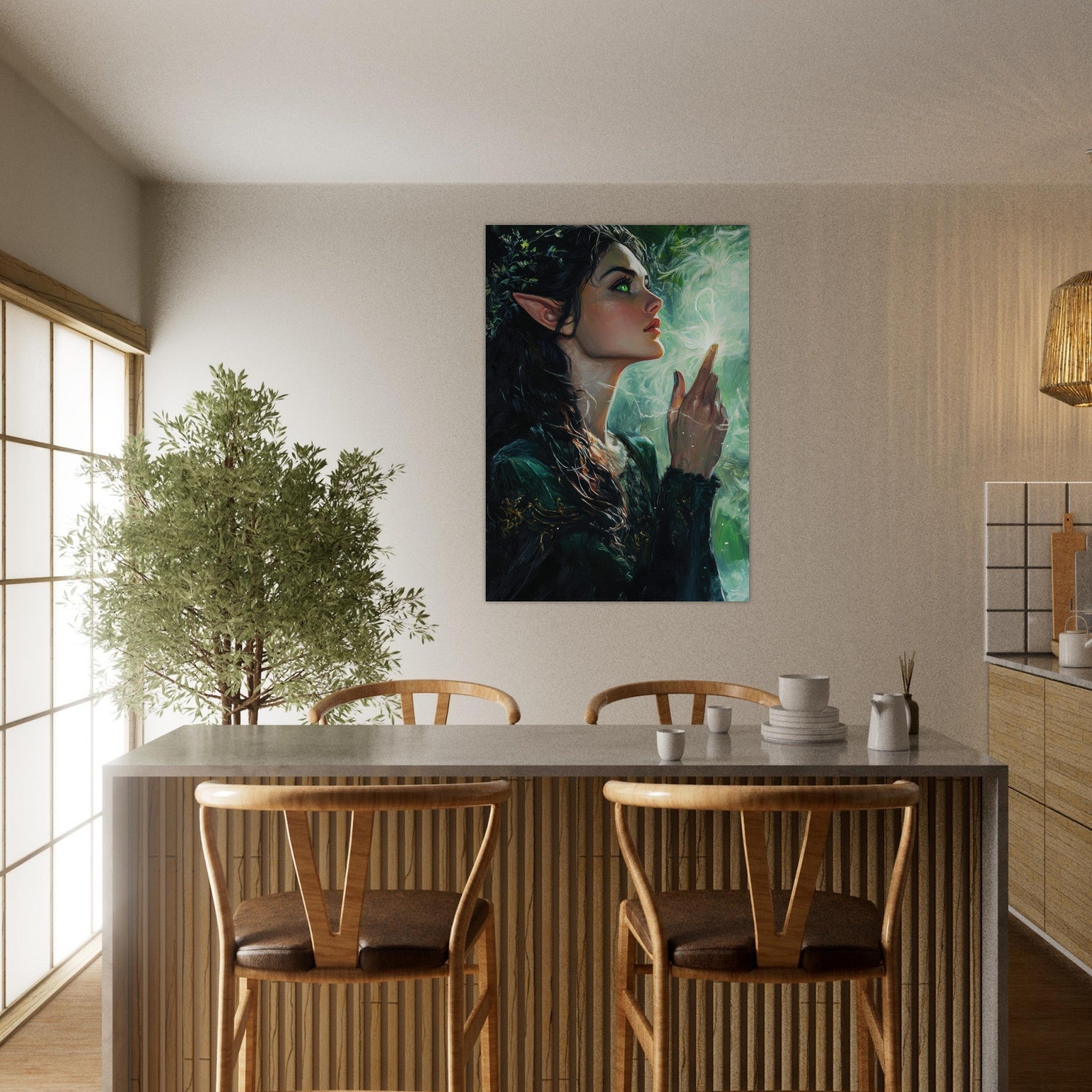 Aluminum Print Portrait - The Fae Sorceress of the Emerald Woods Oil Faint 7 - Shop Ai Art WebShop - Digital Art online Store