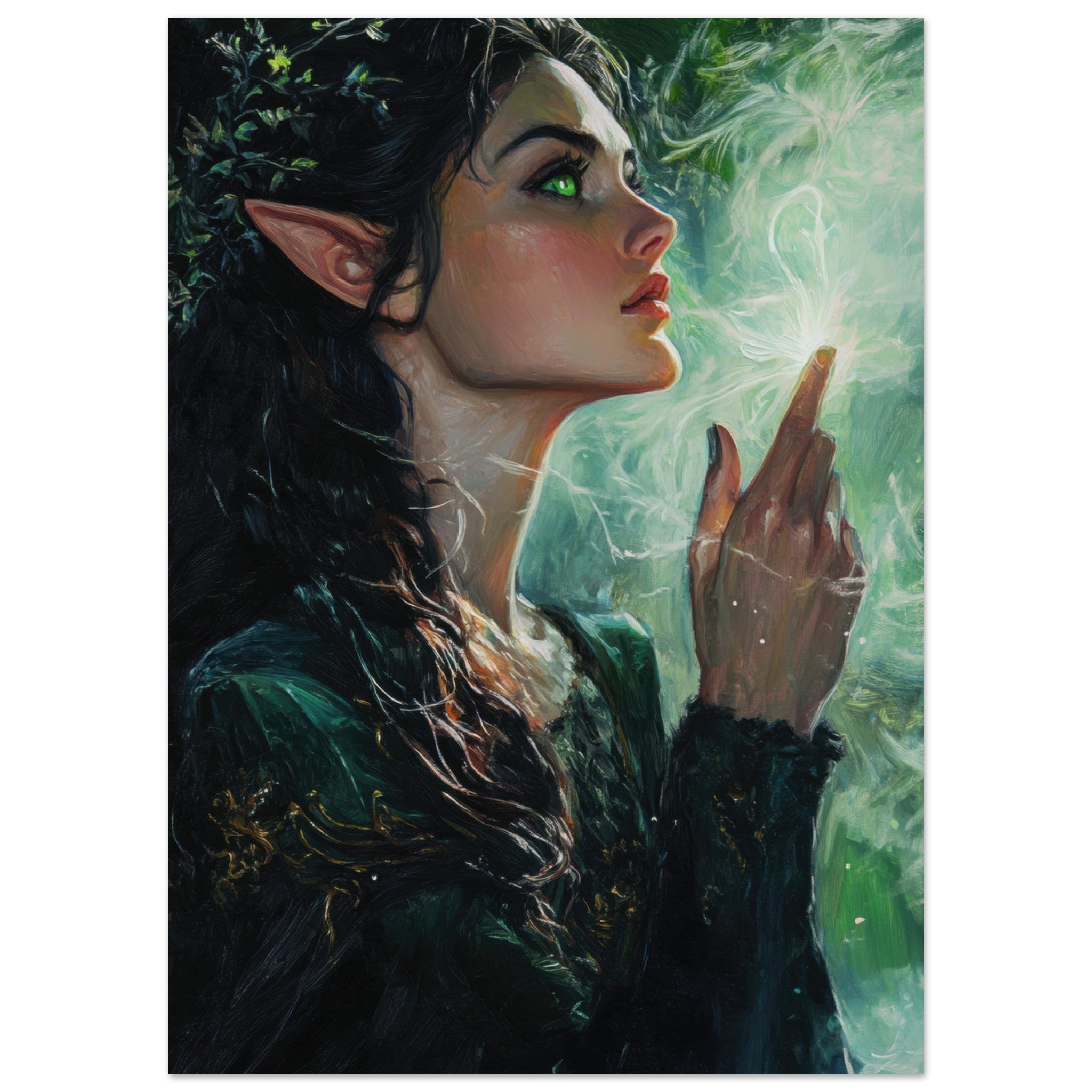 Aluminum Print Portrait - The Fae Sorceress of the Emerald Woods Oil Faint 7 - Shop Ai Art WebShop - Digital Art online Store