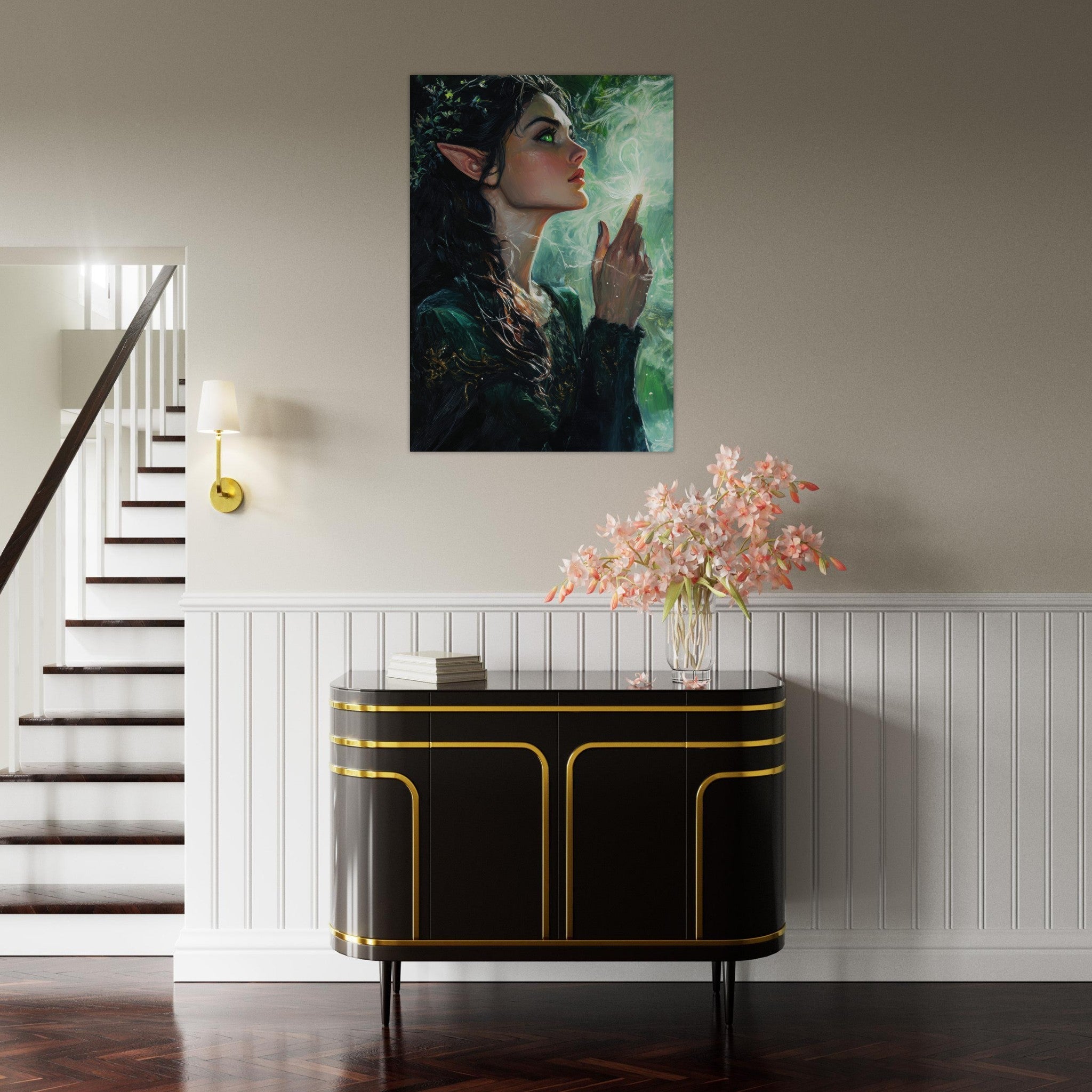 Aluminum Print Portrait - The Fae Sorceress of the Emerald Woods Oil Faint 7 - Shop Ai Art WebShop - Digital Art online Store