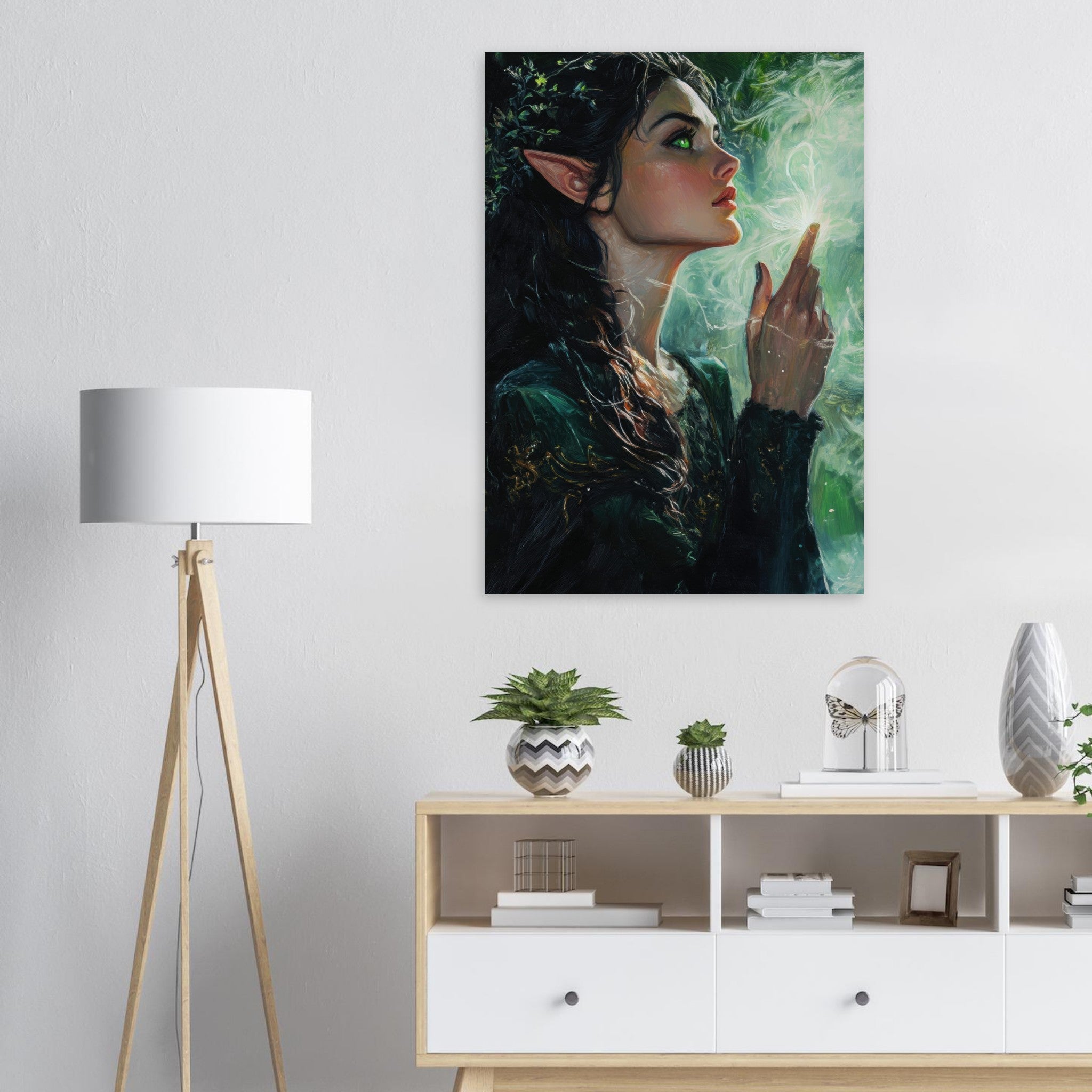 Aluminum Print Portrait - The Fae Sorceress of the Emerald Woods Oil Faint 7 - Shop Ai Art WebShop - Digital Art online Store