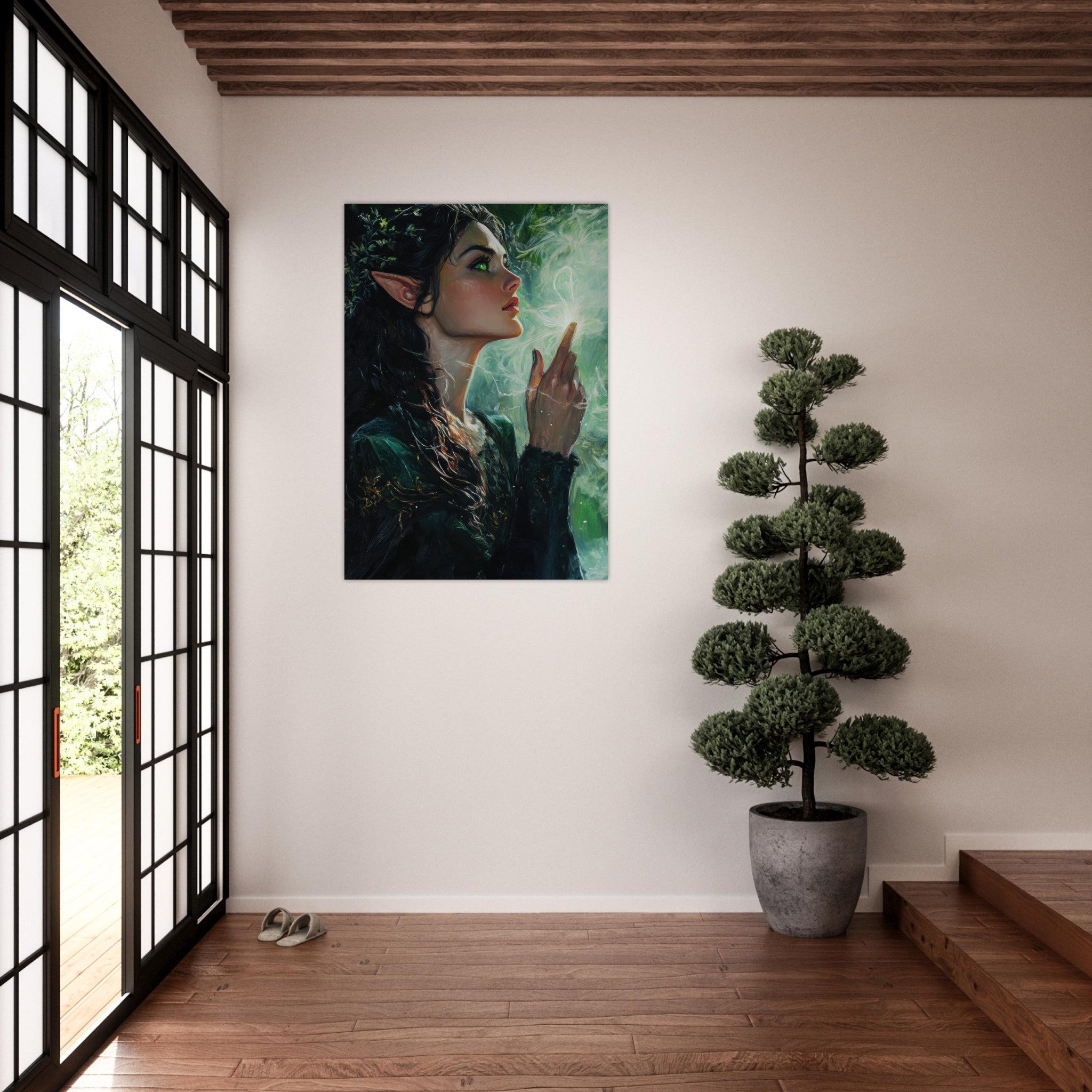 Aluminum Print Portrait - The Fae Sorceress of the Emerald Woods Oil Faint 7 - Shop Ai Art WebShop - Digital Art online Store