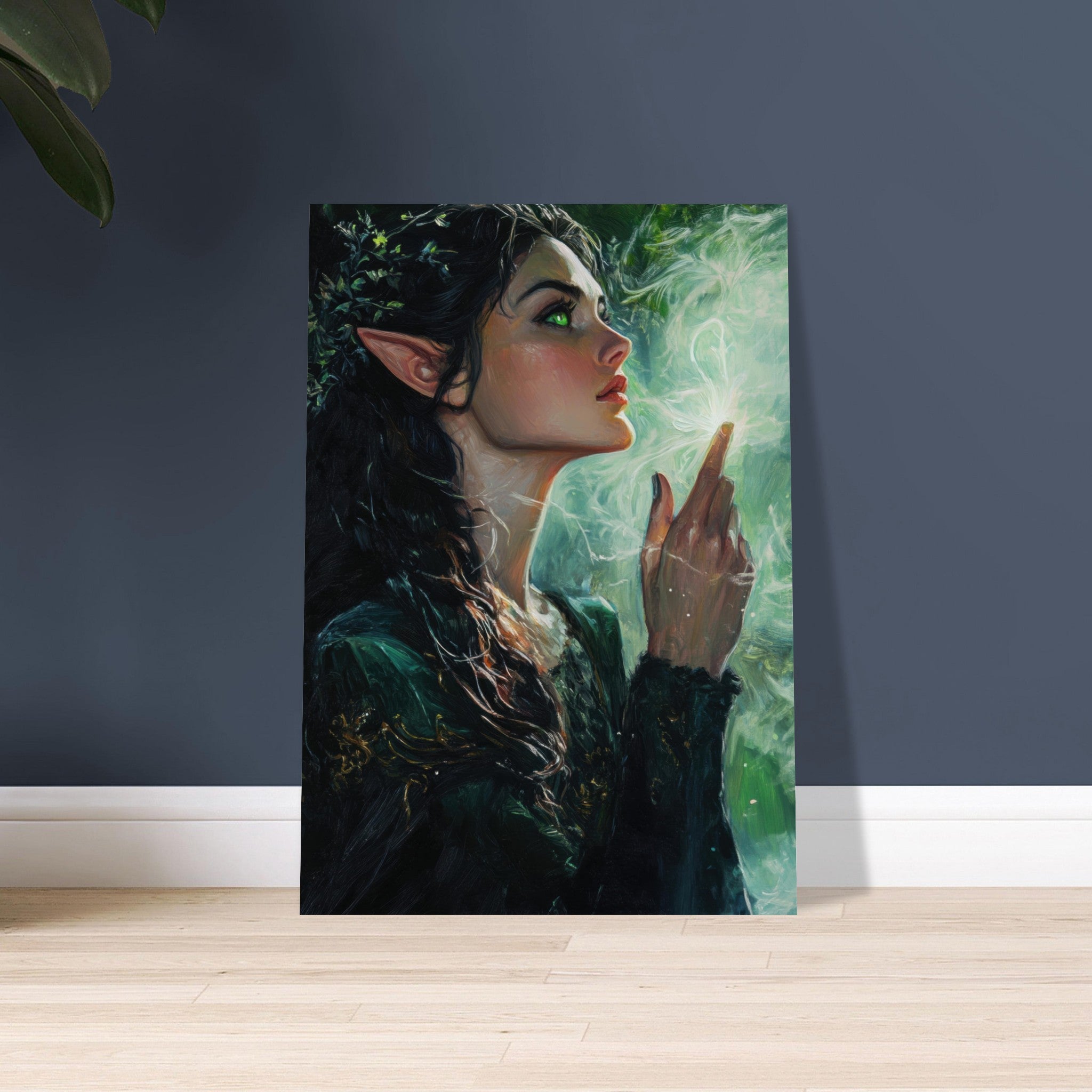 Aluminum Print Portrait - The Fae Sorceress of the Emerald Woods Oil Faint 7 - Shop Ai Art WebShop - Digital Art online Store