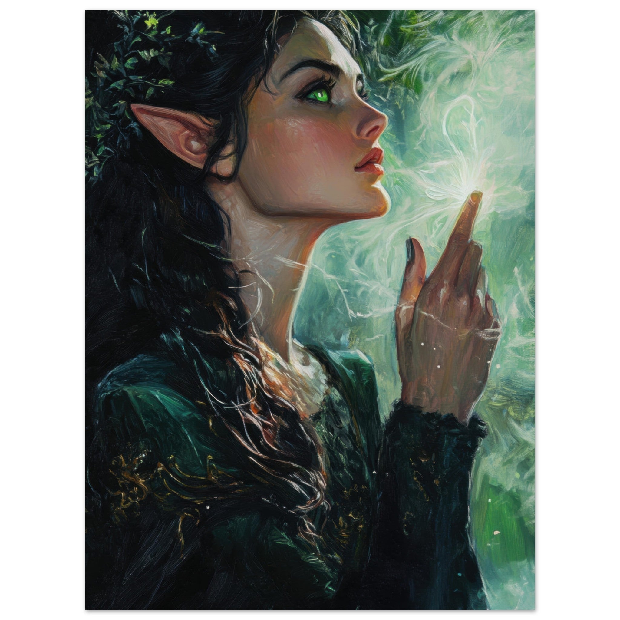 Aluminum Print Portrait - The Fae Sorceress of the Emerald Woods Oil Faint 7 - Shop Ai Art WebShop - Digital Art online Store