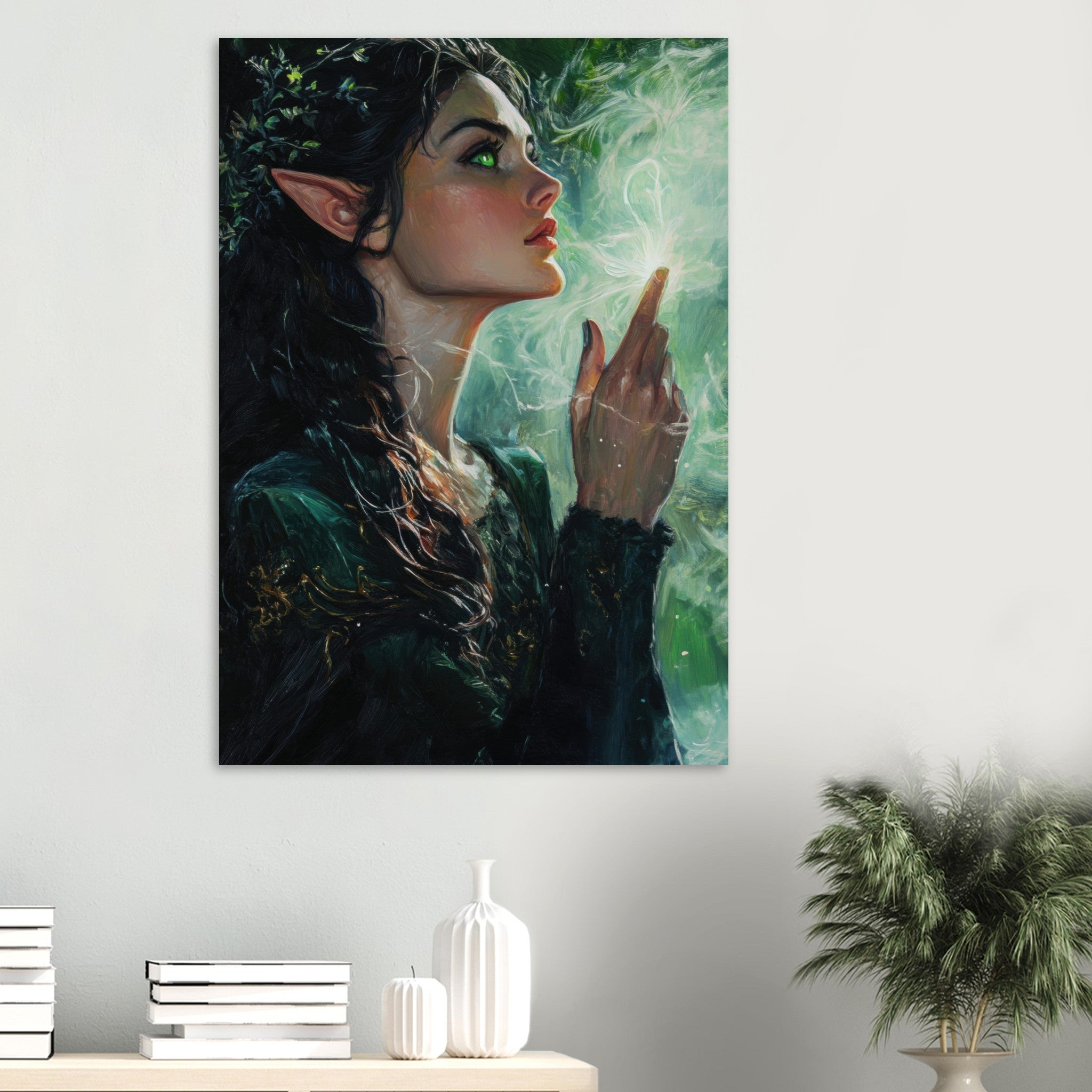Aluminum Print Portrait - The Fae Sorceress of the Emerald Woods Oil Faint 7 - Shop Ai Art WebShop - Digital Art online Store