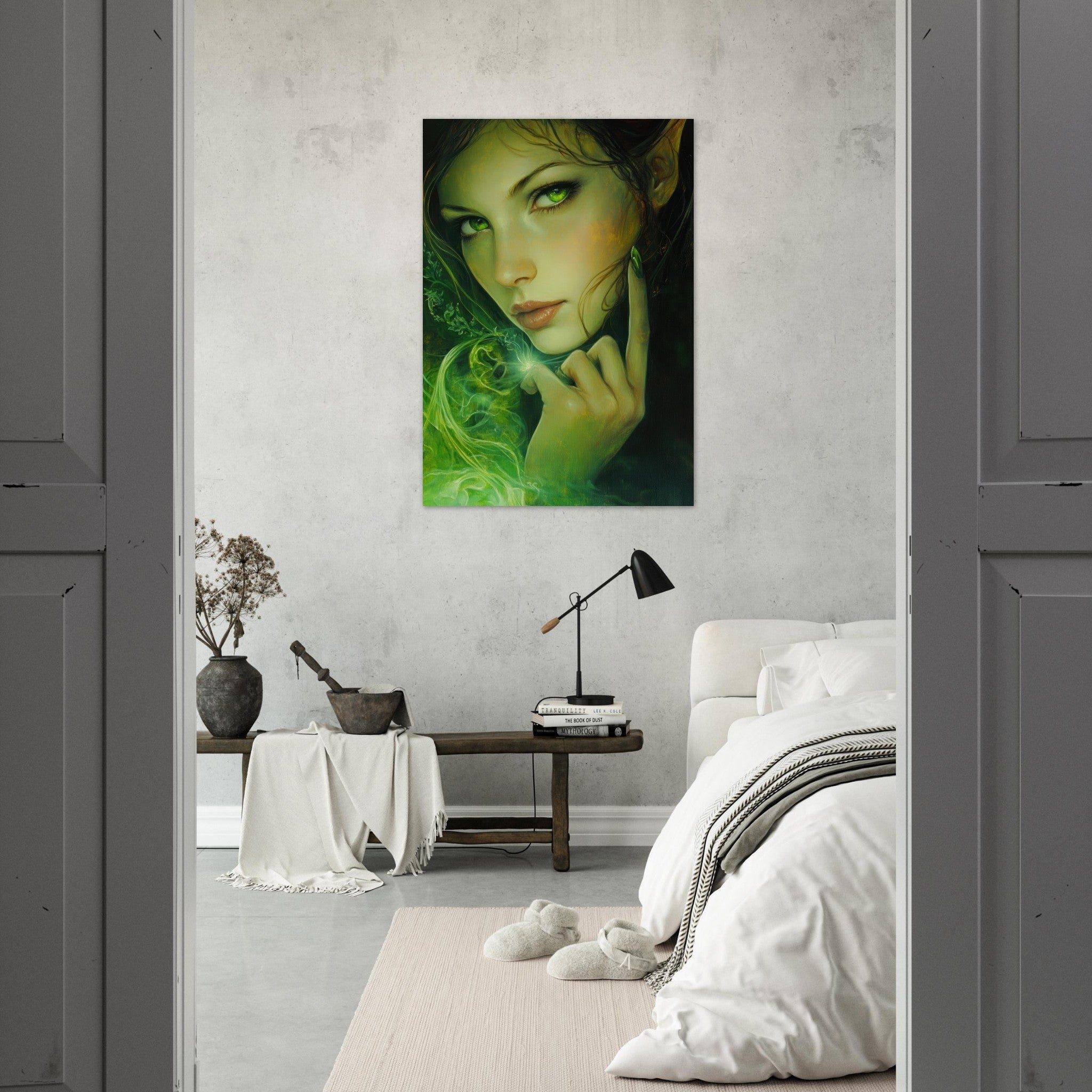 Aluminum Print Portrait - The Fae Sorceress of the Emerald Woods Oil Faint - Shop Ai Art WebShop - Digital Art online Store