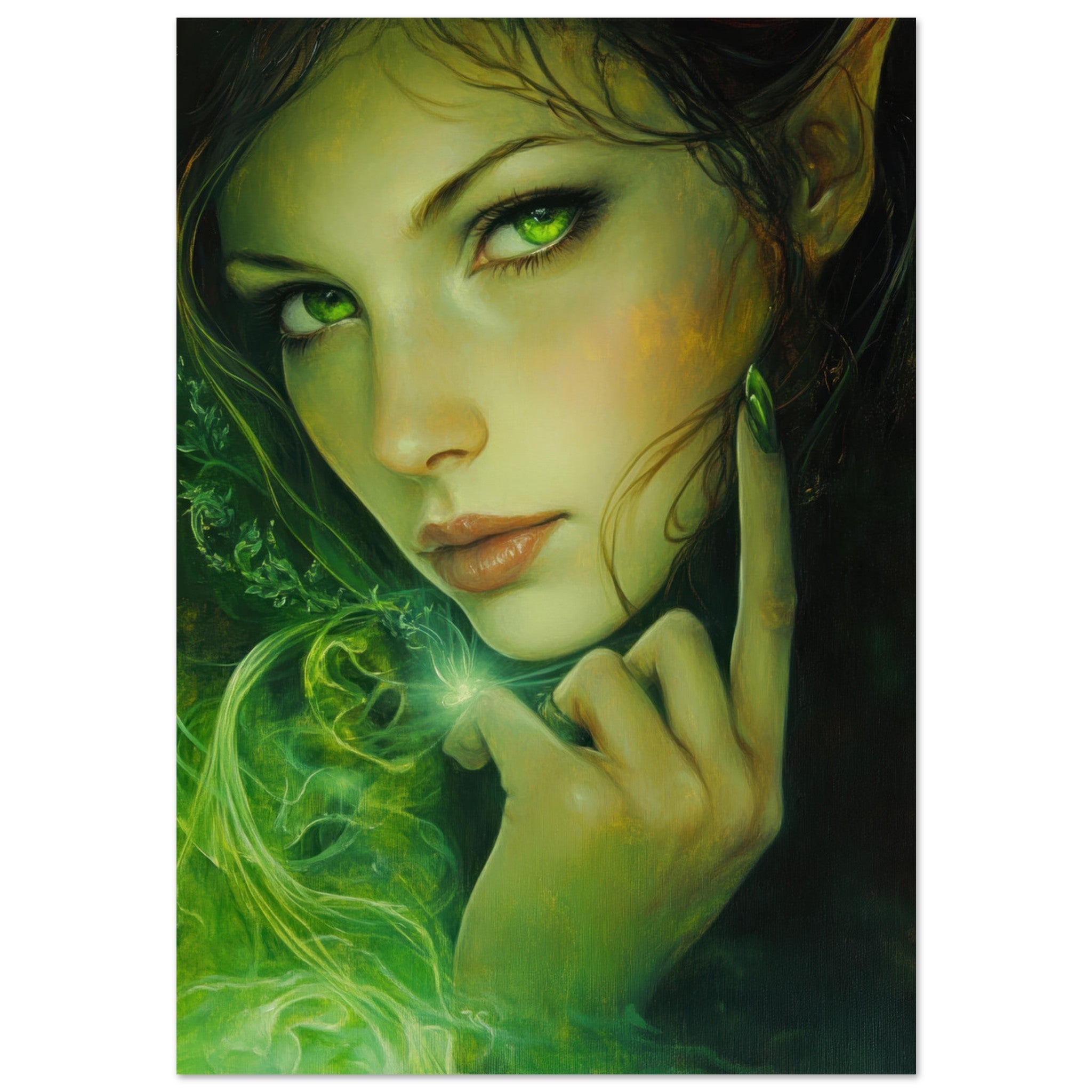 Aluminum Print Portrait - The Fae Sorceress of the Emerald Woods Oil Faint - Shop Ai Art WebShop - Digital Art online Store