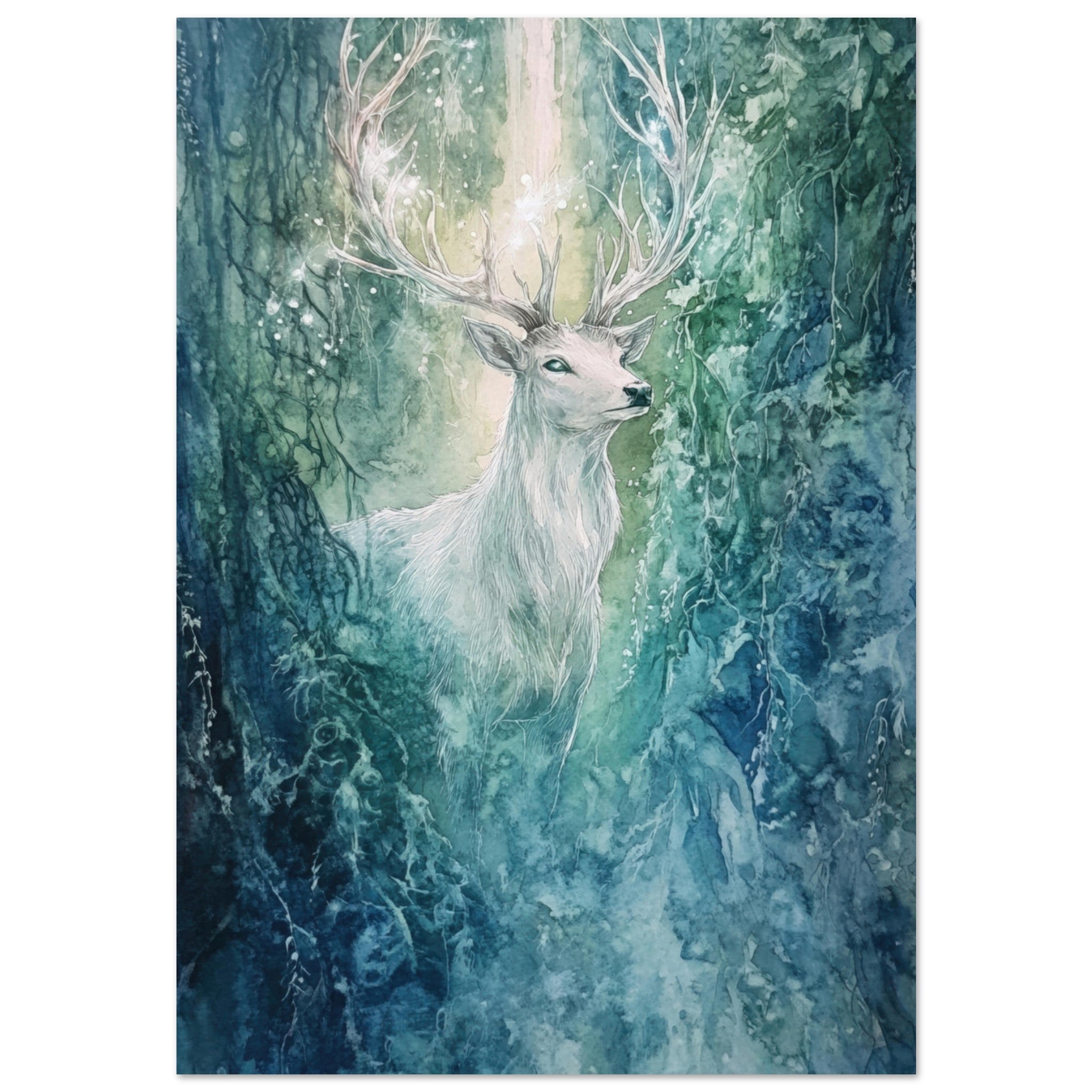 Aluminum Print Portrait - The Silver Stag of the Enchanted Glade Fantasy 2 - Shop Ai Art WebShop - Digital Art online Store