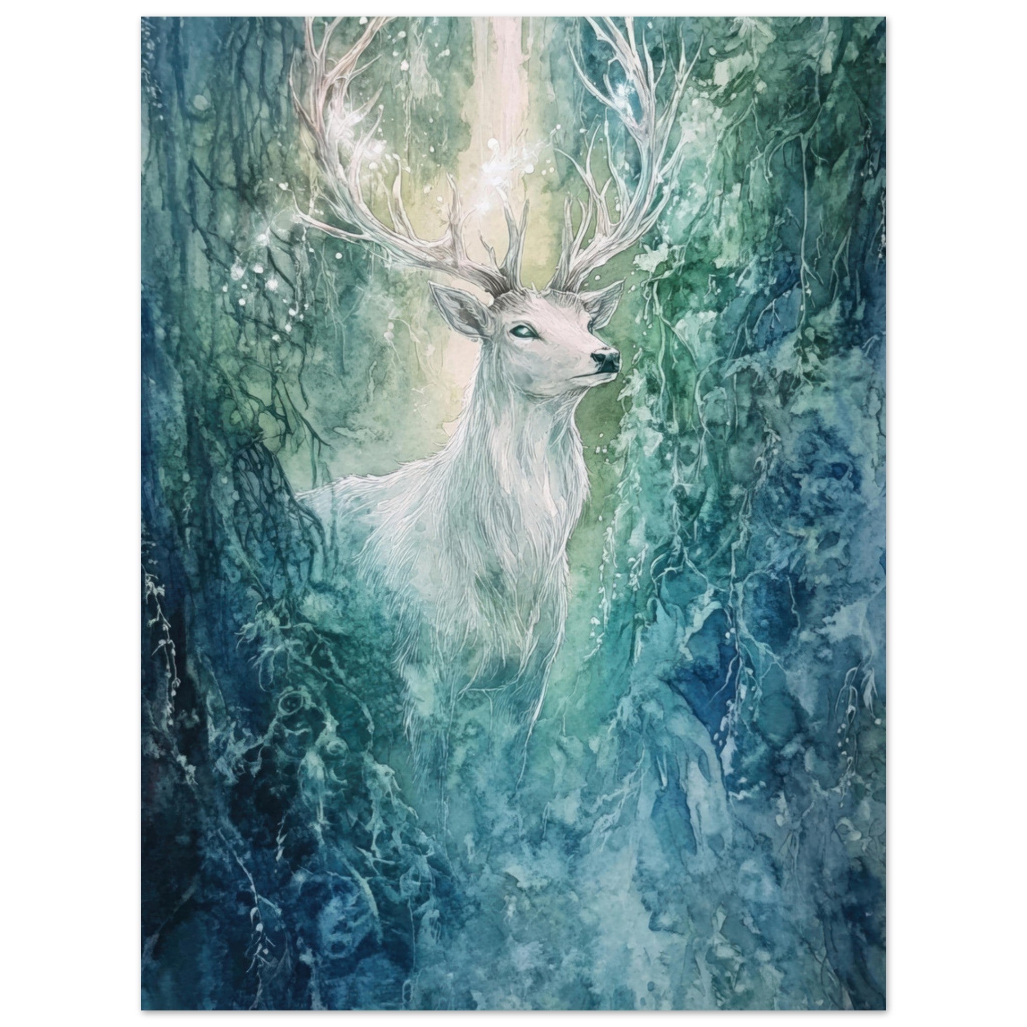 Aluminum Print Portrait - The Silver Stag of the Enchanted Glade Fantasy 2 - Shop Ai Art WebShop - Digital Art online Store
