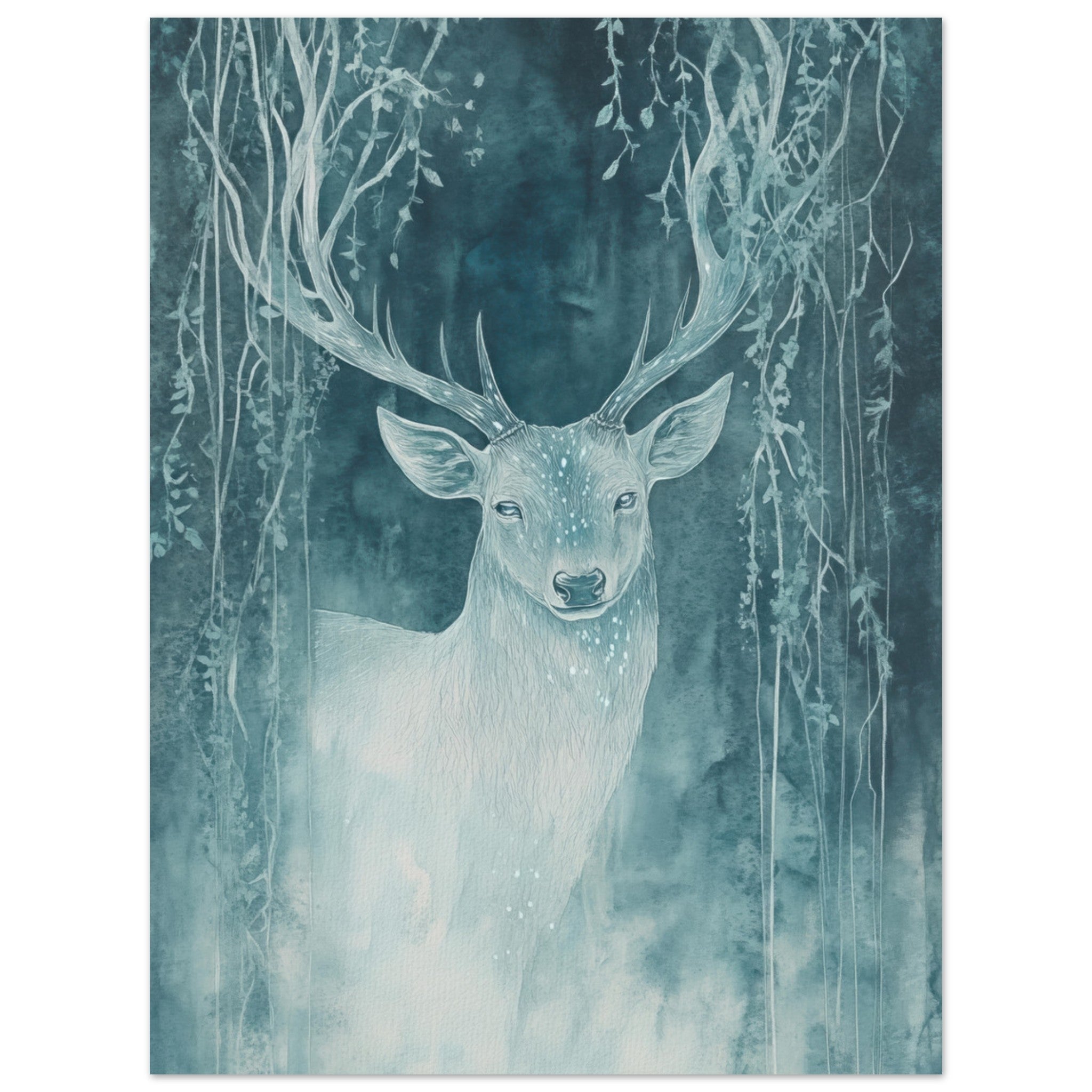 Aluminum Print Portrait - The Silver Stag of the Enchanted Glade Fantasy 3 - Shop Ai Art WebShop - Digital Art online Store