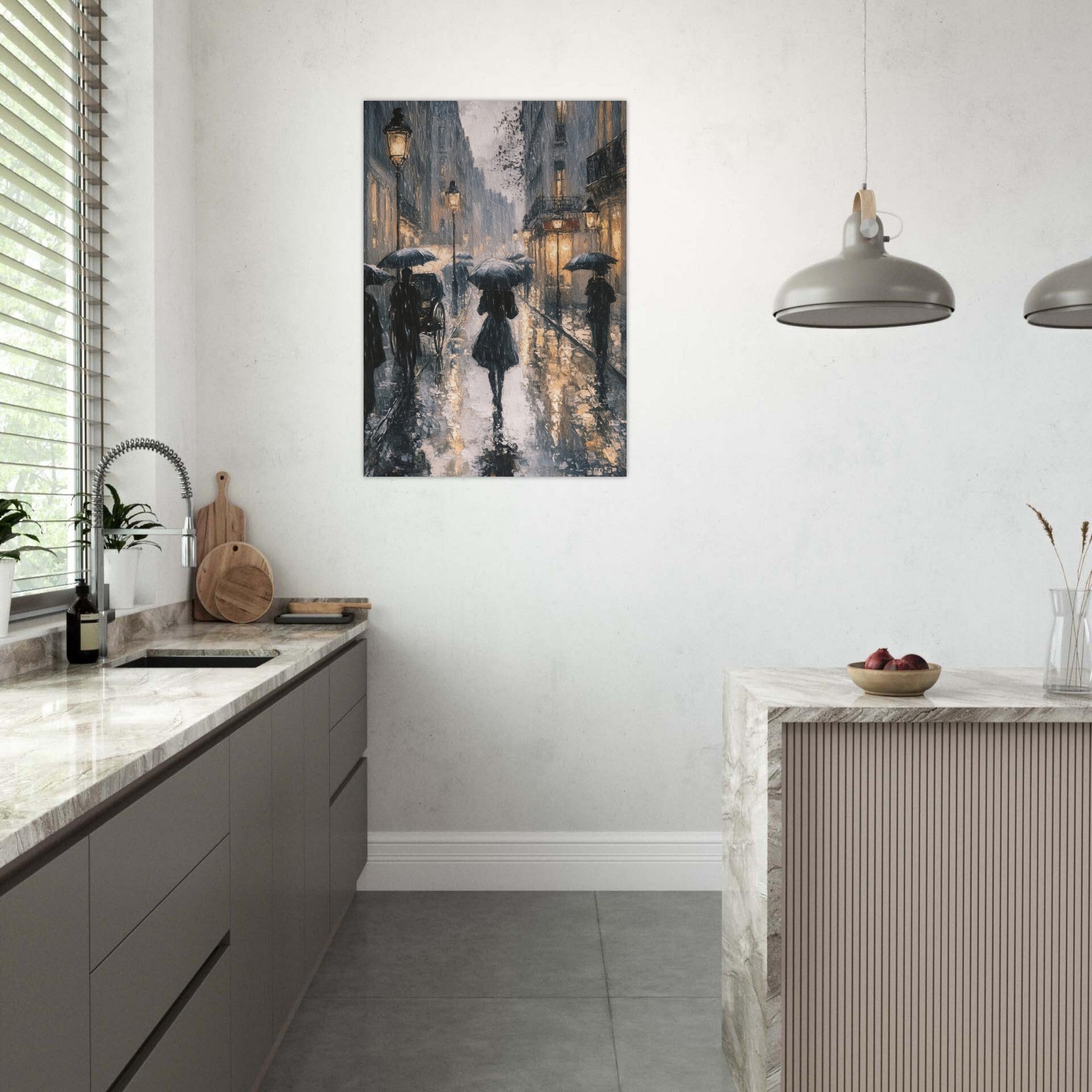 Aluminum Print Portrait - Urban Rain Scene A rainy Parisian street in the 3 - Ai Art Force