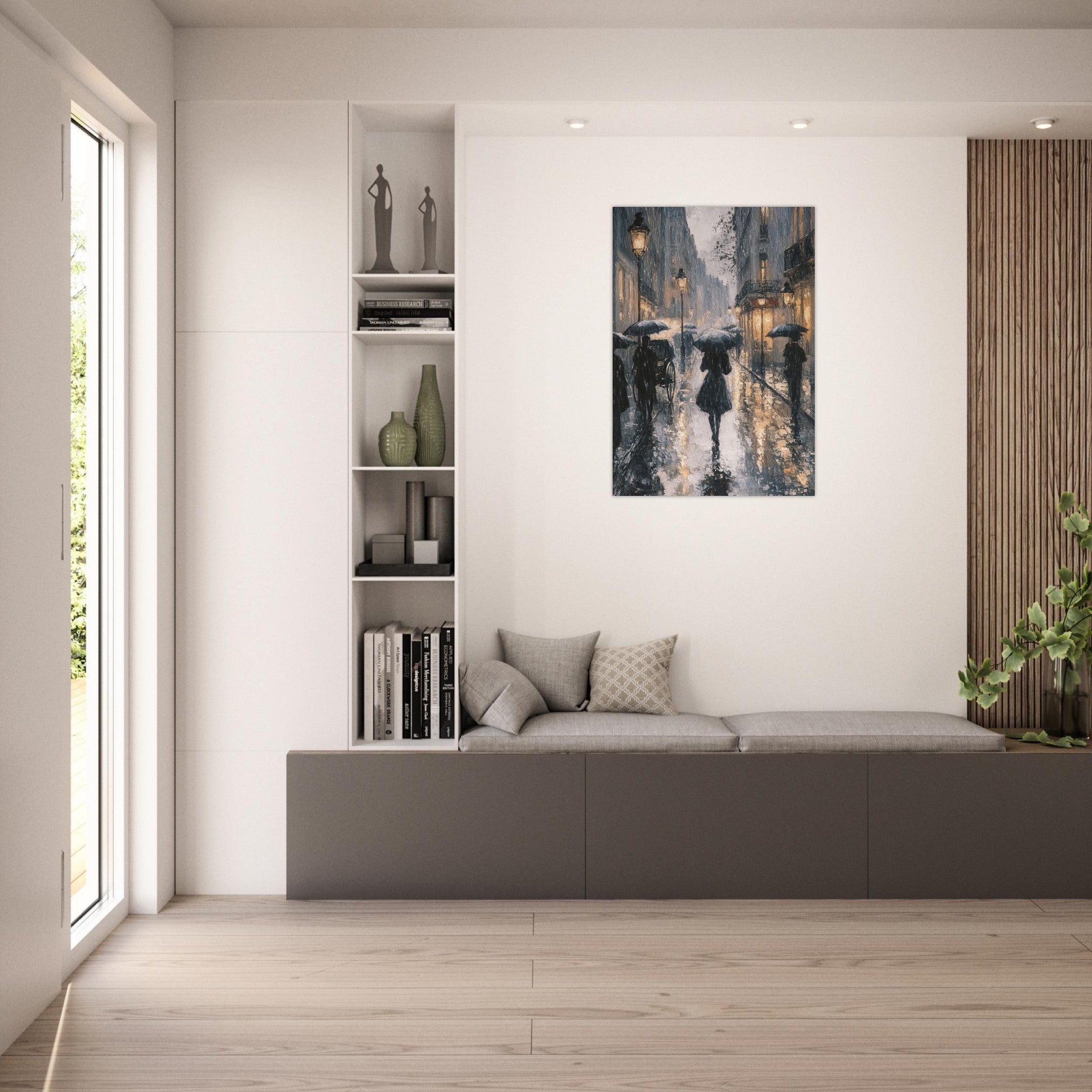 Aluminum Print Portrait - Urban Rain Scene A rainy Parisian street in the 3 - Ai Art Force