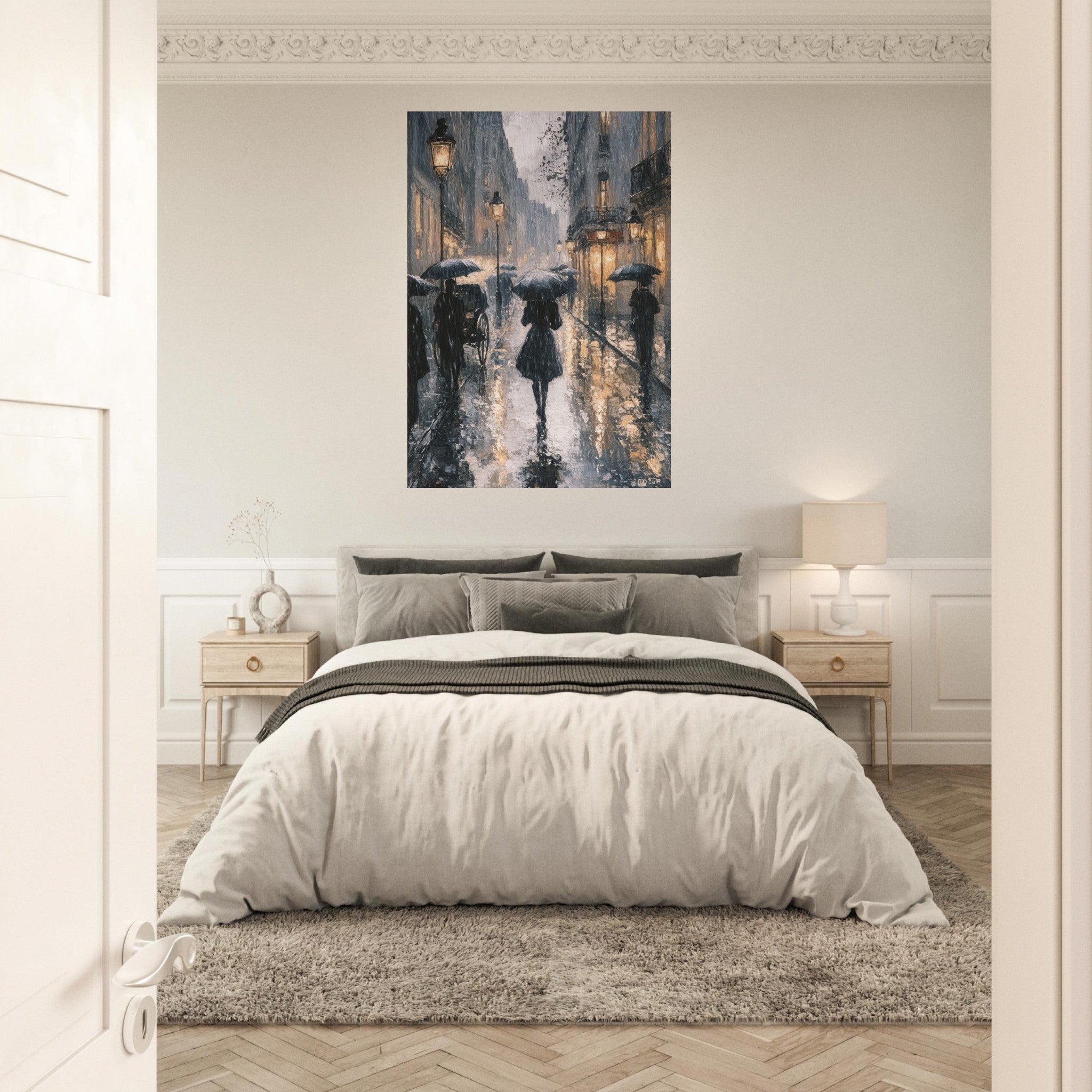 Aluminum Print Portrait - Urban Rain Scene A rainy Parisian street in the 3 - Ai Art Force