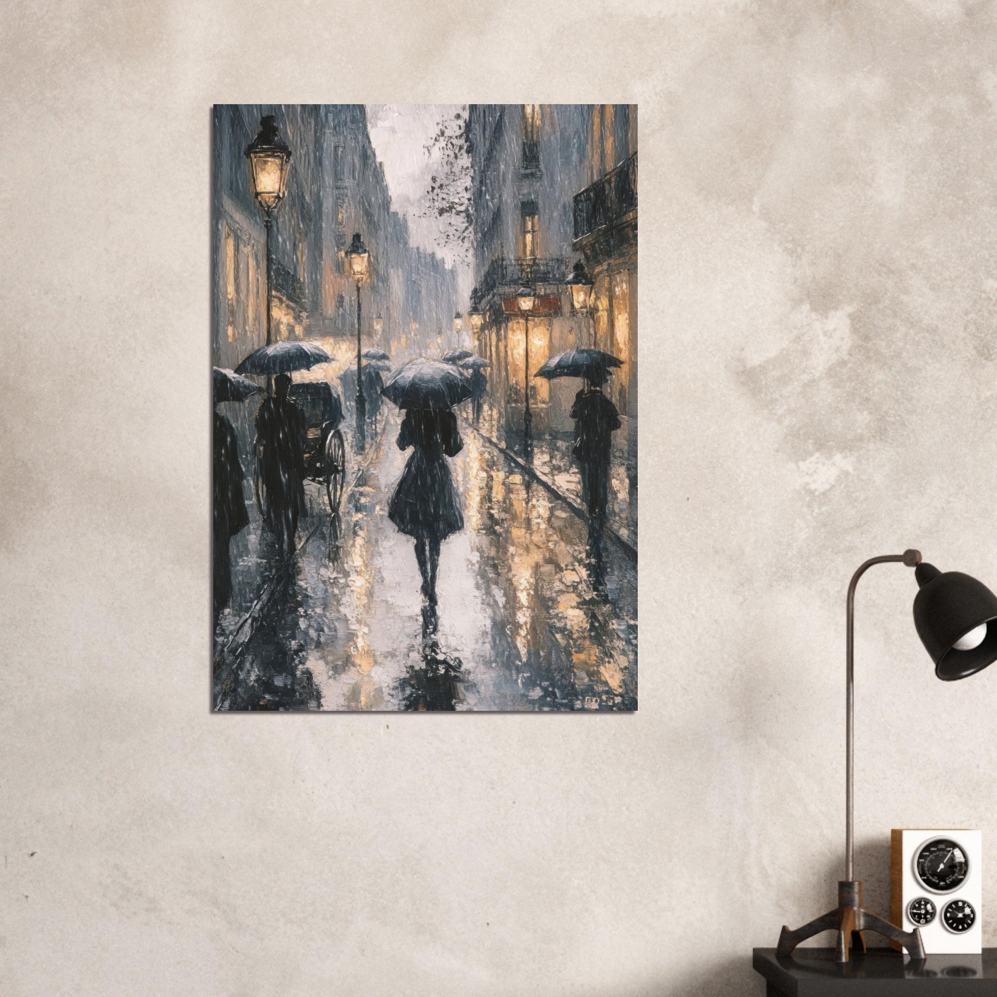 Aluminum Print Portrait - Urban Rain Scene A rainy Parisian street in the 3 - Ai Art Force