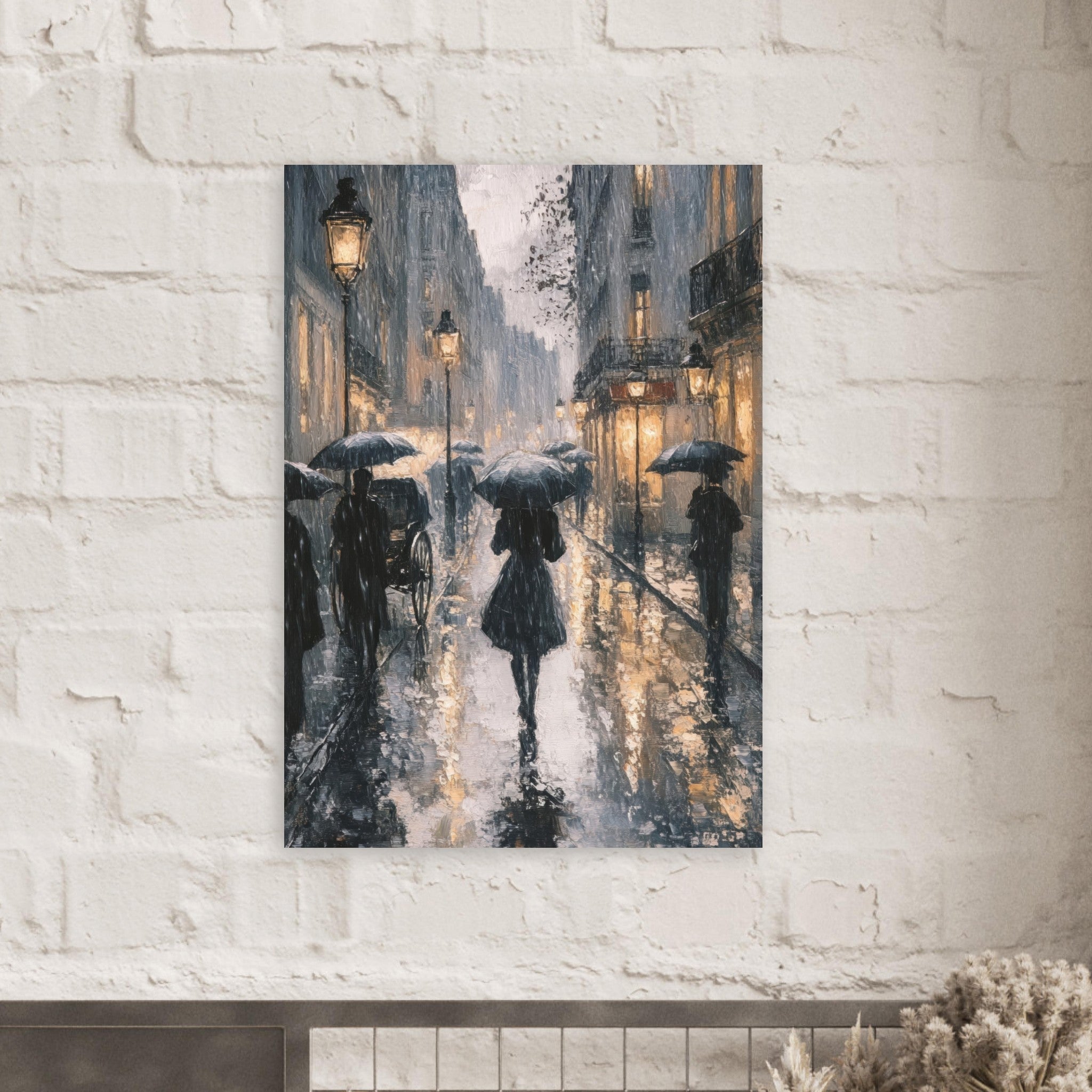 Aluminum Print Portrait - Urban Rain Scene A rainy Parisian street in the 3 - Ai Art Force
