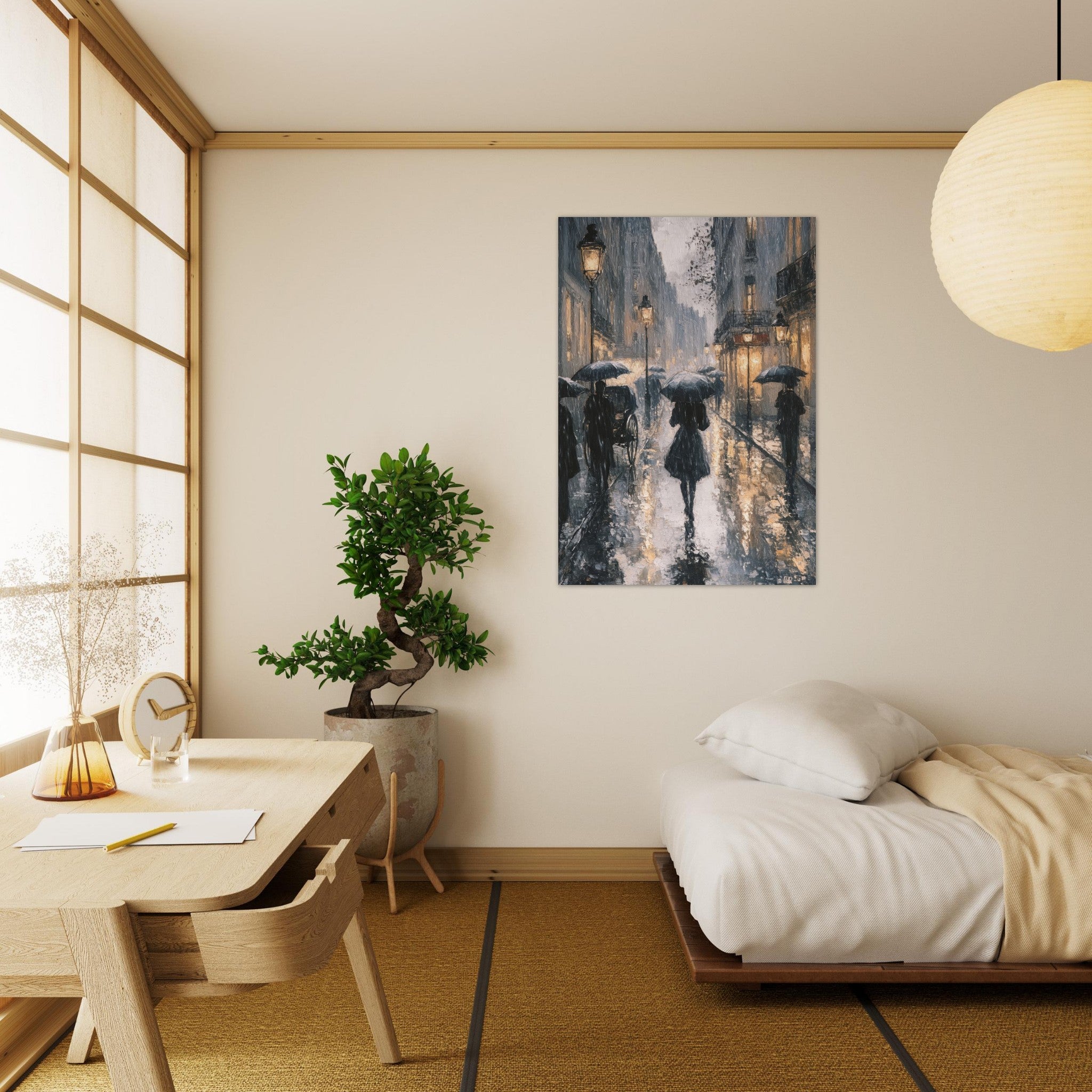 Aluminum Print Portrait - Urban Rain Scene A rainy Parisian street in the 3 - Ai Art Force