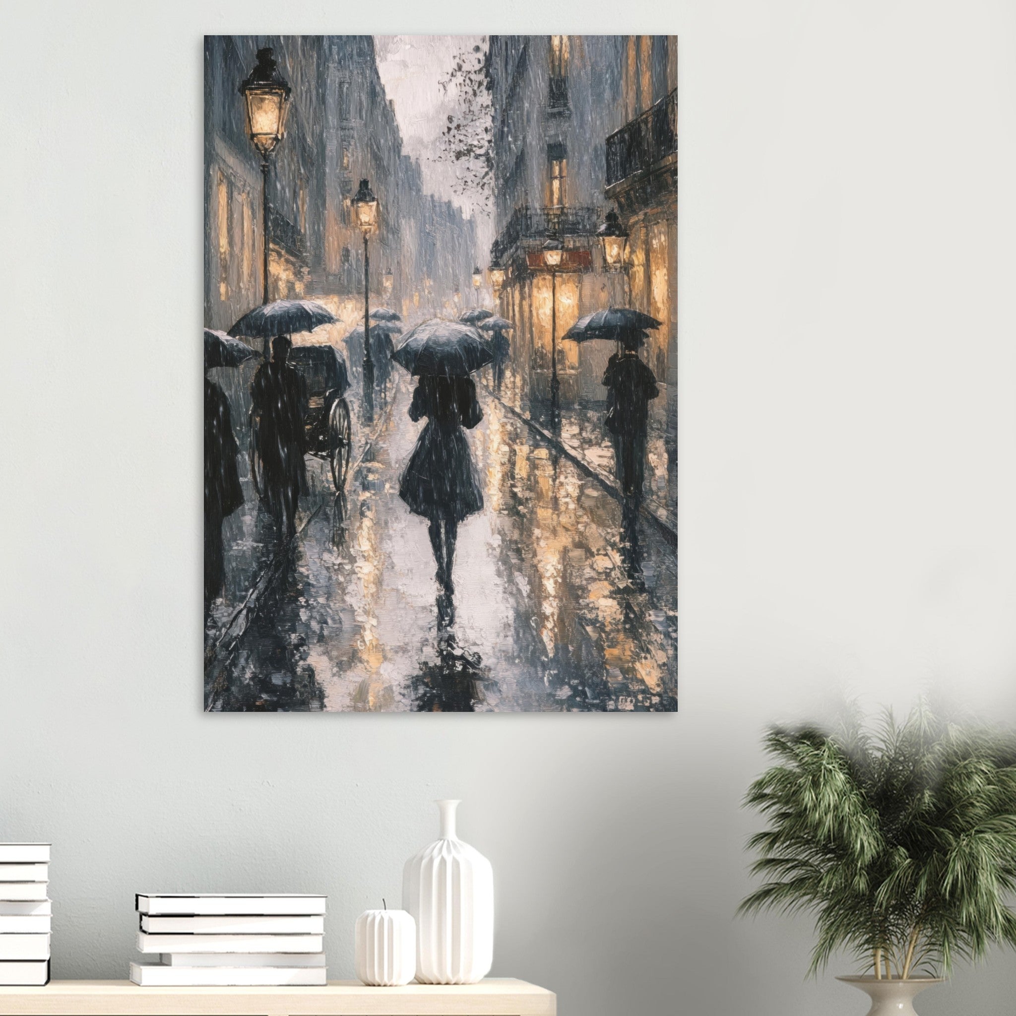 Aluminum Print Portrait - Urban Rain Scene A rainy Parisian street in the 3 - Ai Art Force
