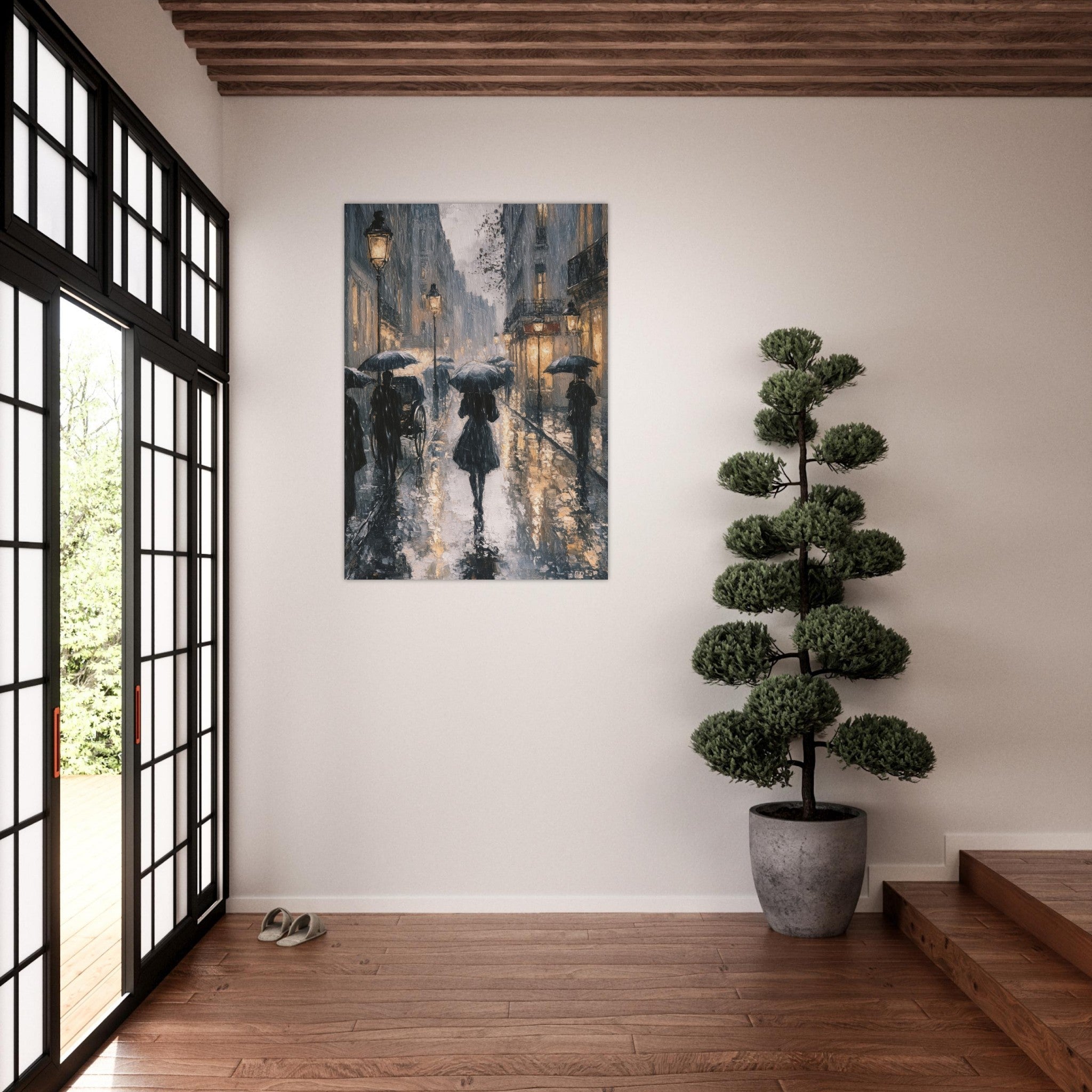 Aluminum Print Portrait - Urban Rain Scene A rainy Parisian street in the 3 - Ai Art Force