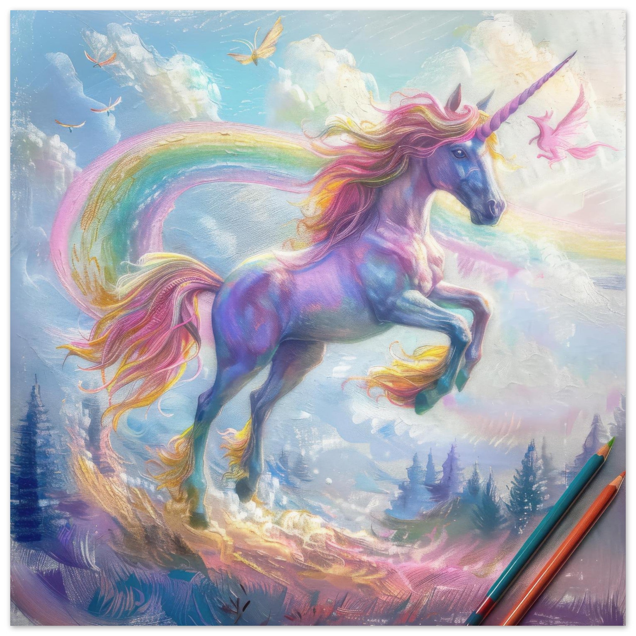 Aluminum Print Square - Children Kids Room Art Unicorn Fantasy 3 - Shop Ai Art WebShop - Digital Art online Store