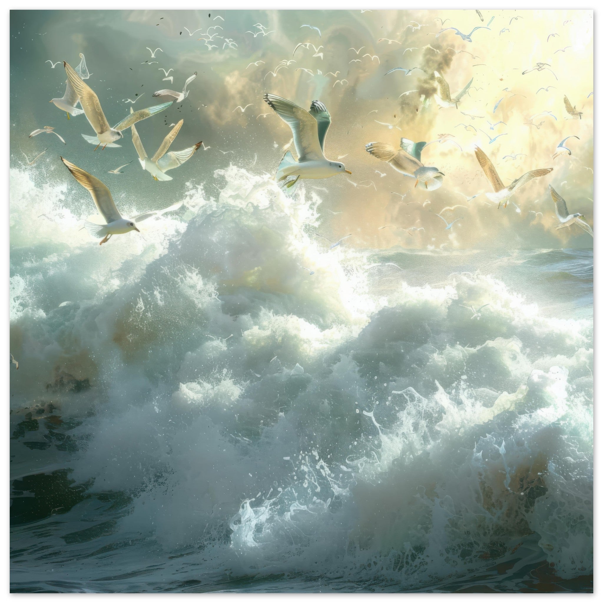 Aluminum Print Square - Impressionism beautiful seawaves with seagels flying around 2 - Shop Ai Art WebShop - Digital Art online Store