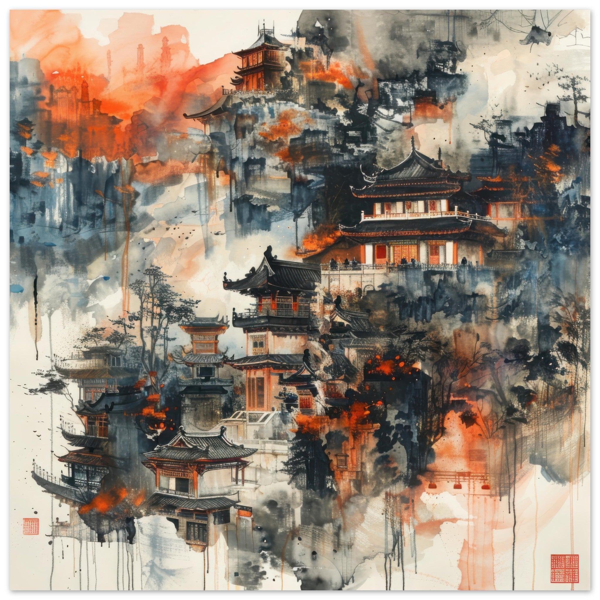 Aluminum Print Square - Old culture of China in abstract style 3 - Shop Ai Art WebShop - Digital Art online Store