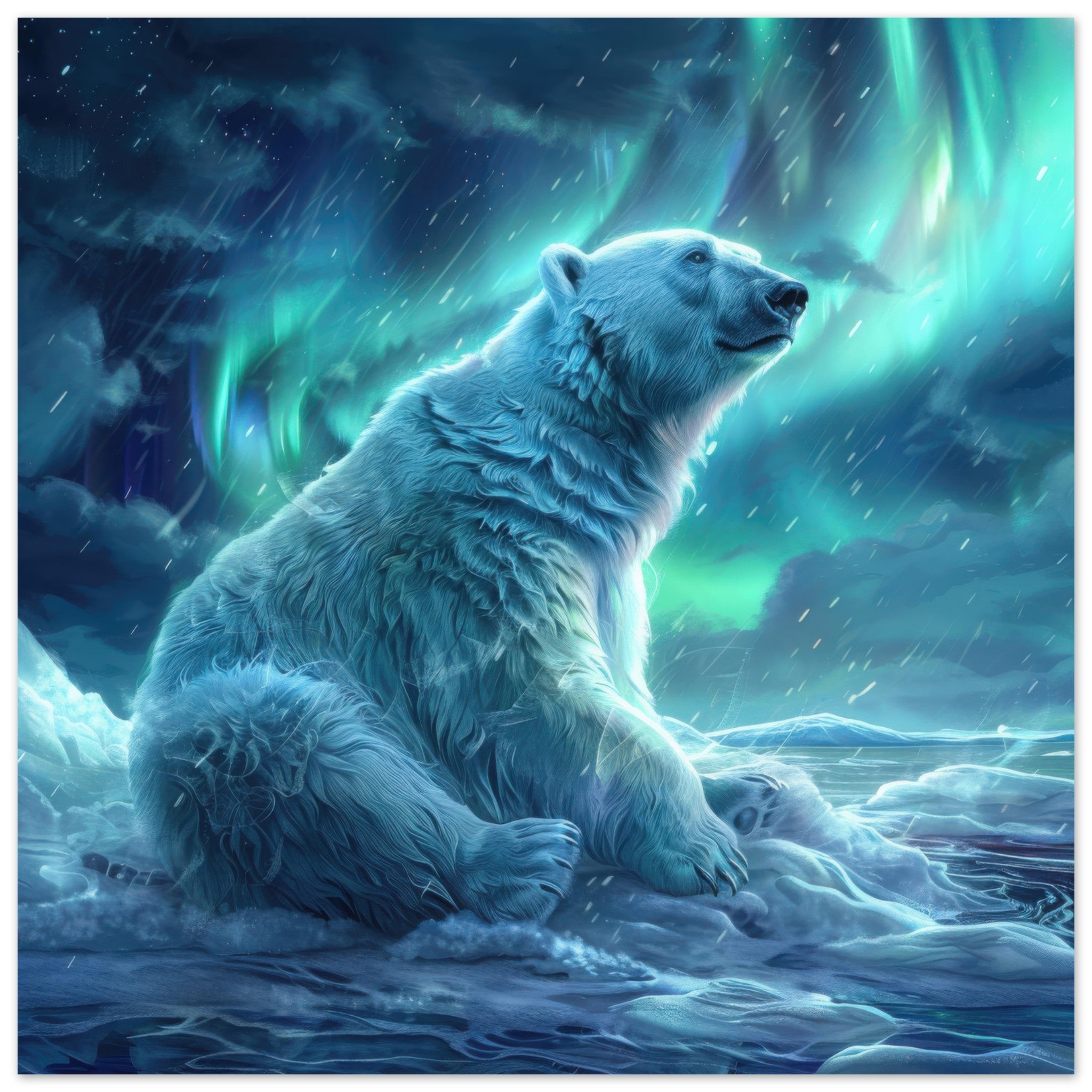 Aluminum Print Square - Polar Bear in the cold Night Enjoying the Northern Lights - Shop Ai Art WebShop - Digital Art online Store
