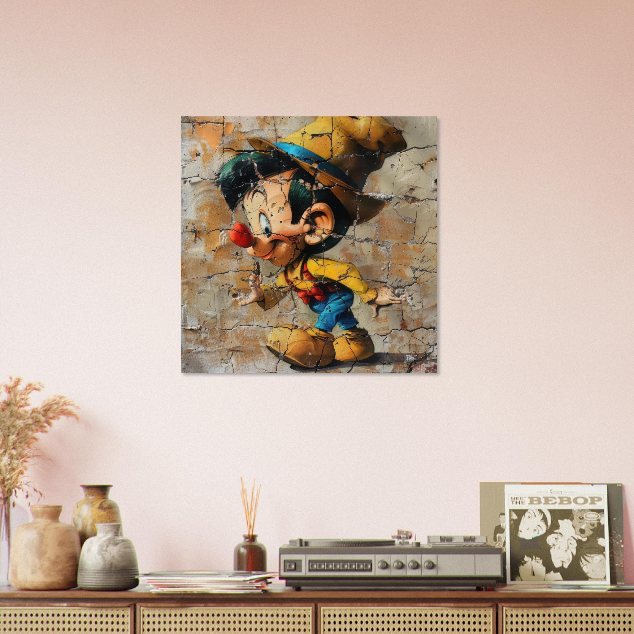 Aluminum Print Square - street art style pinochio being naughty 19 - Shop Ai Art WebShop - Digital Art online Store