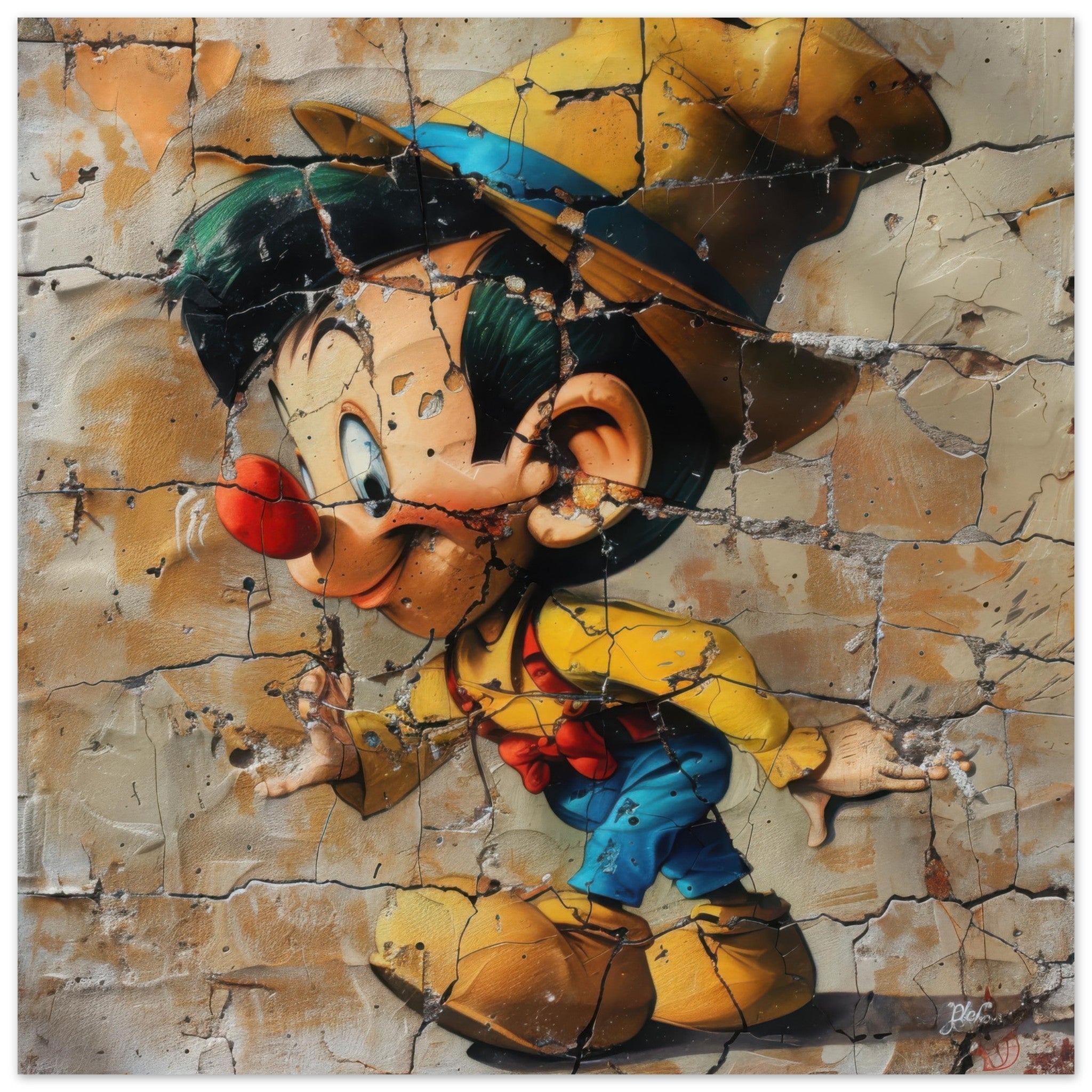 Aluminum Print Square - street art style pinochio being naughty 19 - Shop Ai Art WebShop - Digital Art online Store