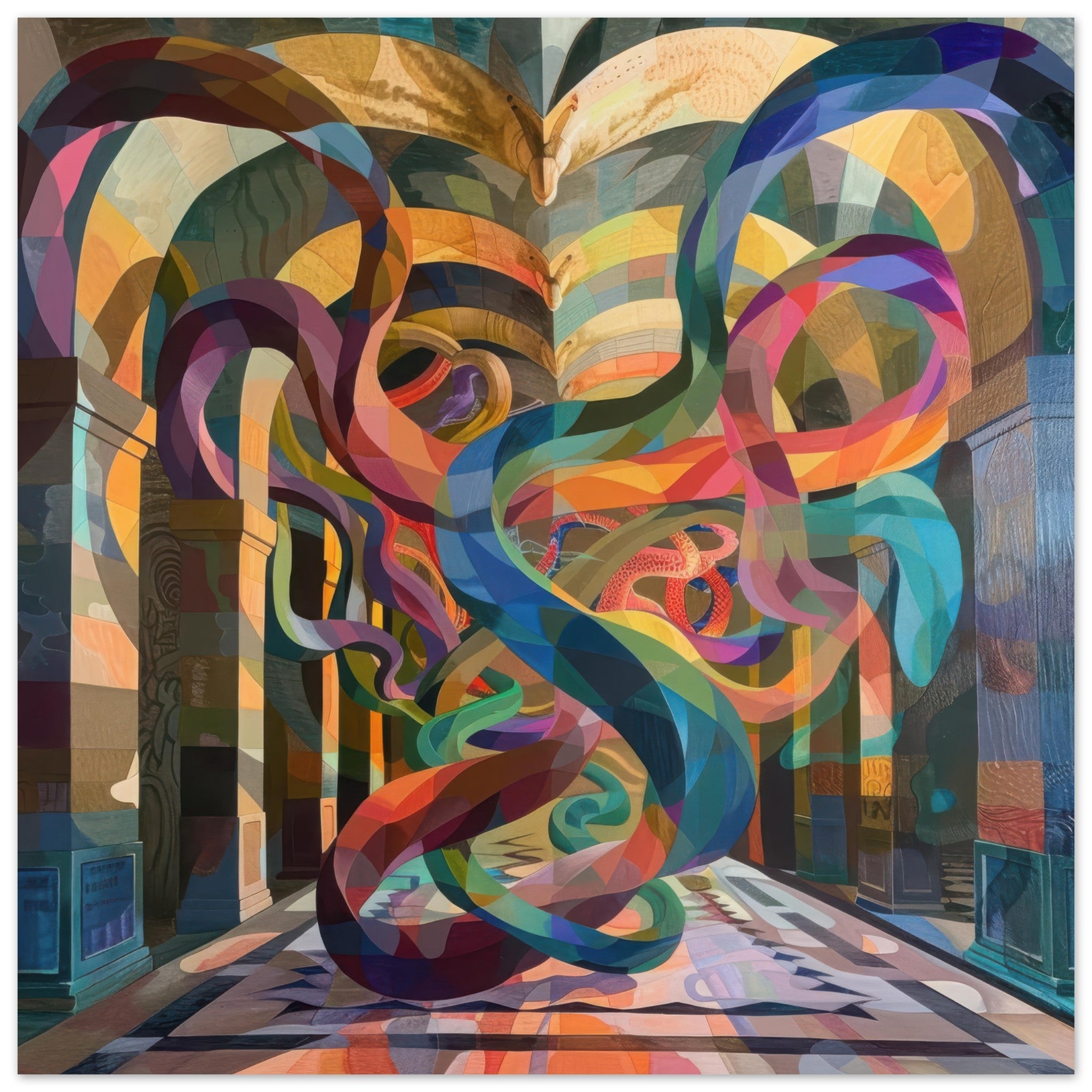 Aluminum Print Square - The Hall of Serpentine Whispers abstract art style - Shop Ai Art WebShop - Digital Art online Store