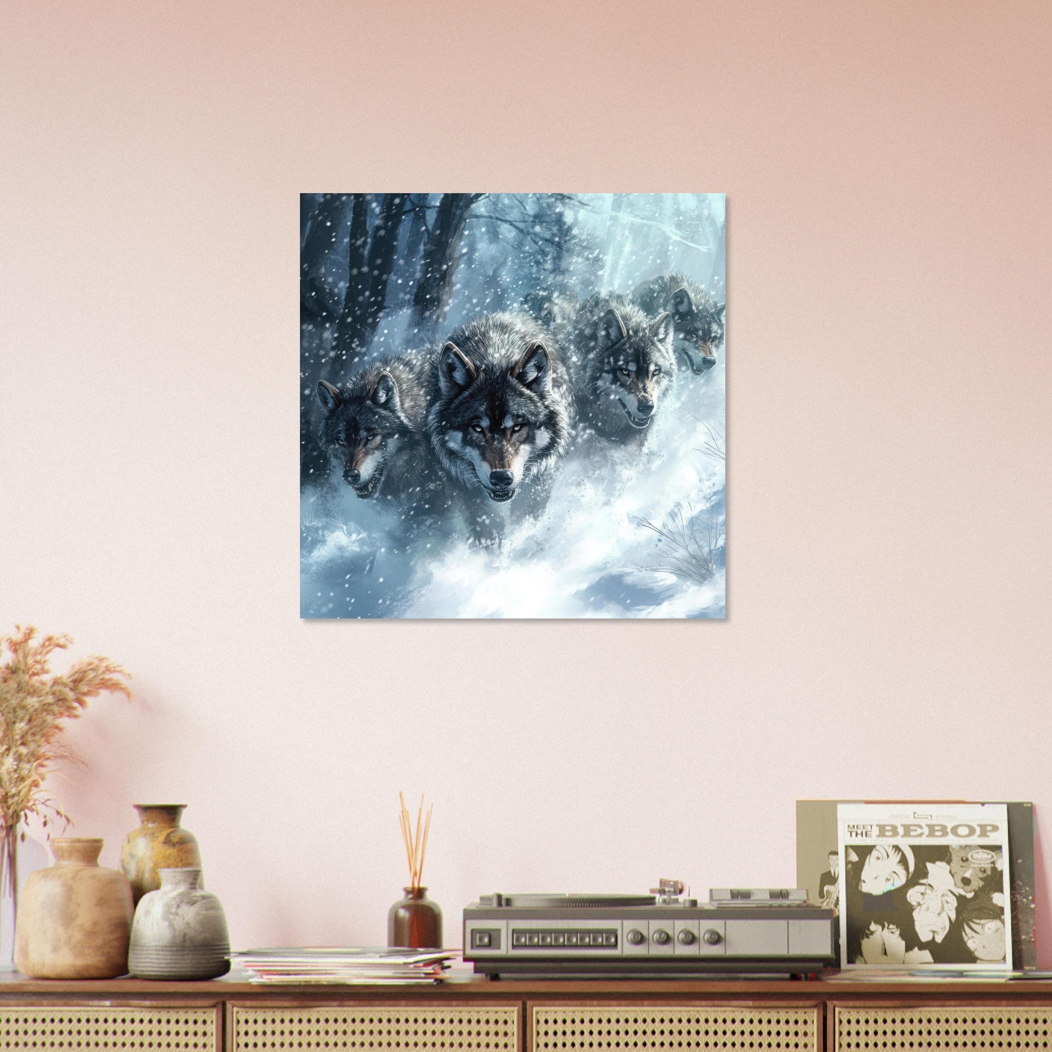 Aluminum Print Square - Wolf Pack in the Snowy Wilderness - Shop Ai Art WebShop - Digital Art online Store