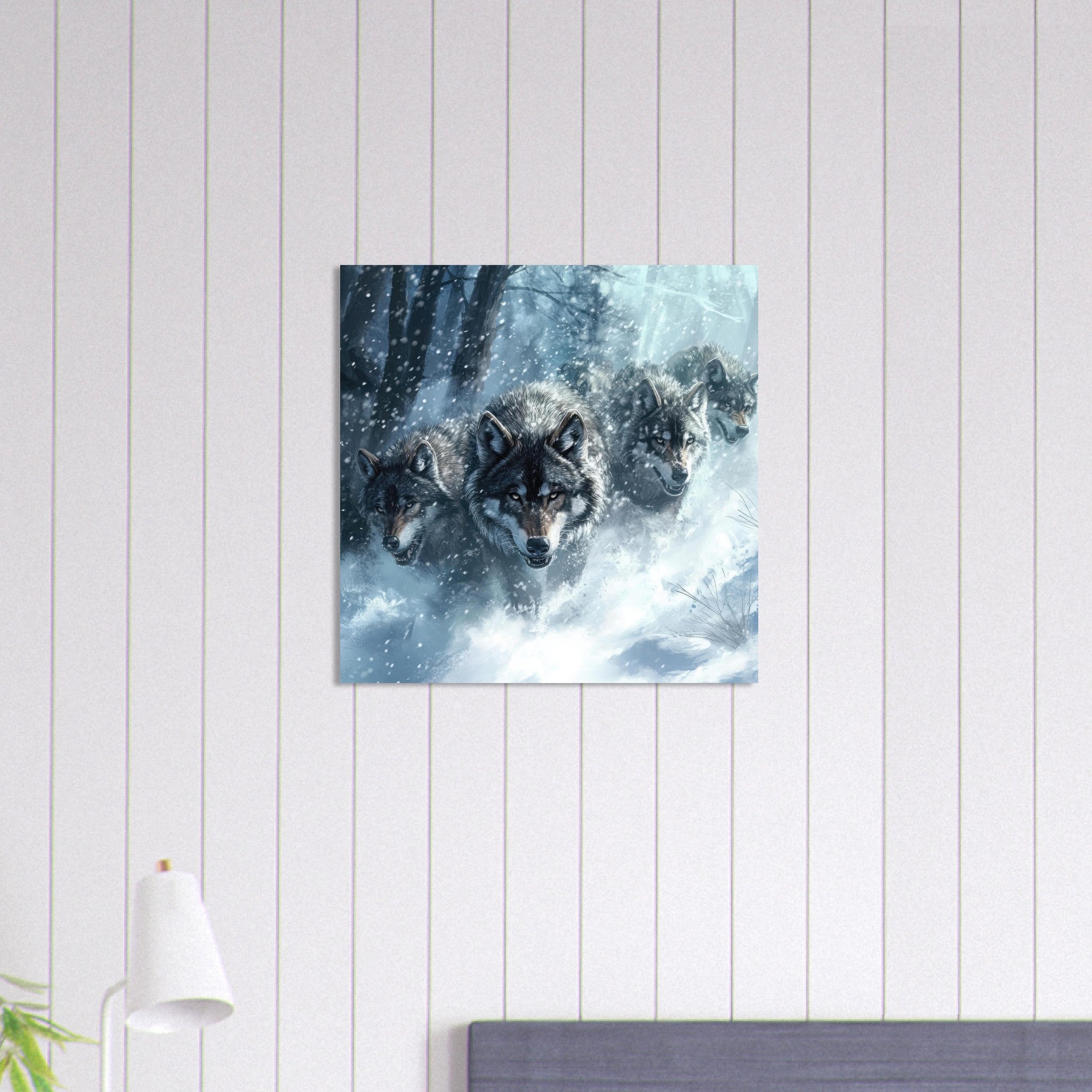 Aluminum Print Square - Wolf Pack in the Snowy Wilderness - Shop Ai Art WebShop - Digital Art online Store