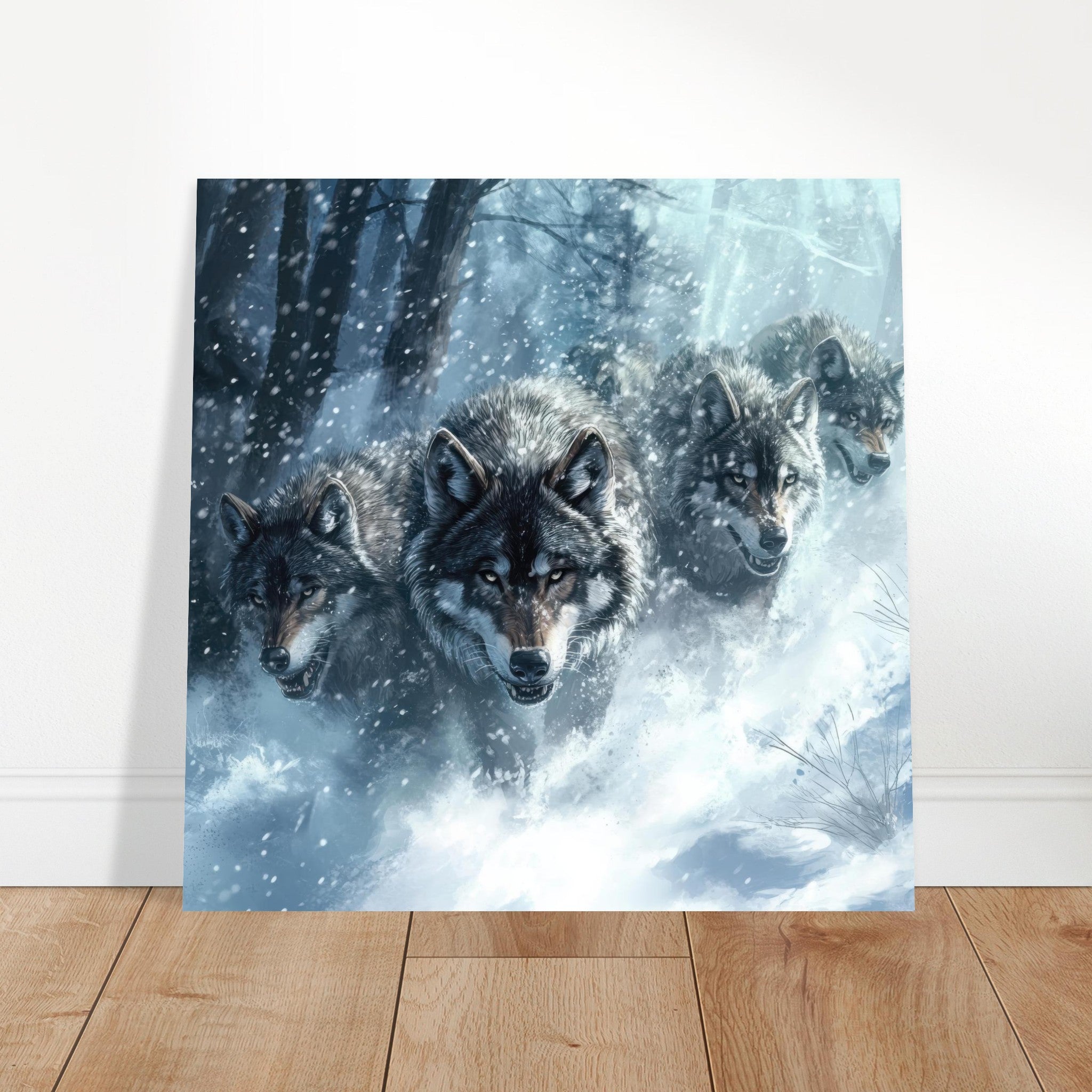 Aluminum Print Square - Wolf Pack in the Snowy Wilderness - Shop Ai Art WebShop - Digital Art online Store