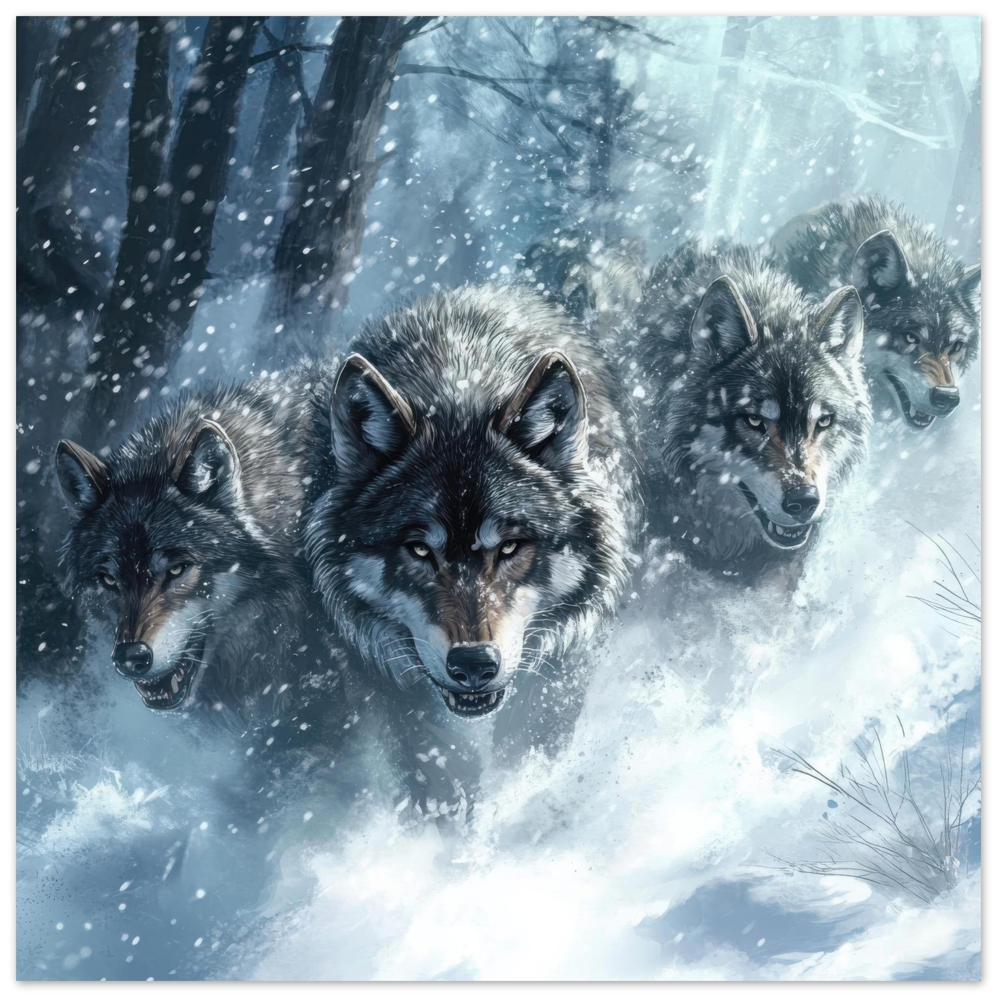 Aluminum Print Square - Wolf Pack in the Snowy Wilderness - Shop Ai Art WebShop - Digital Art online Store