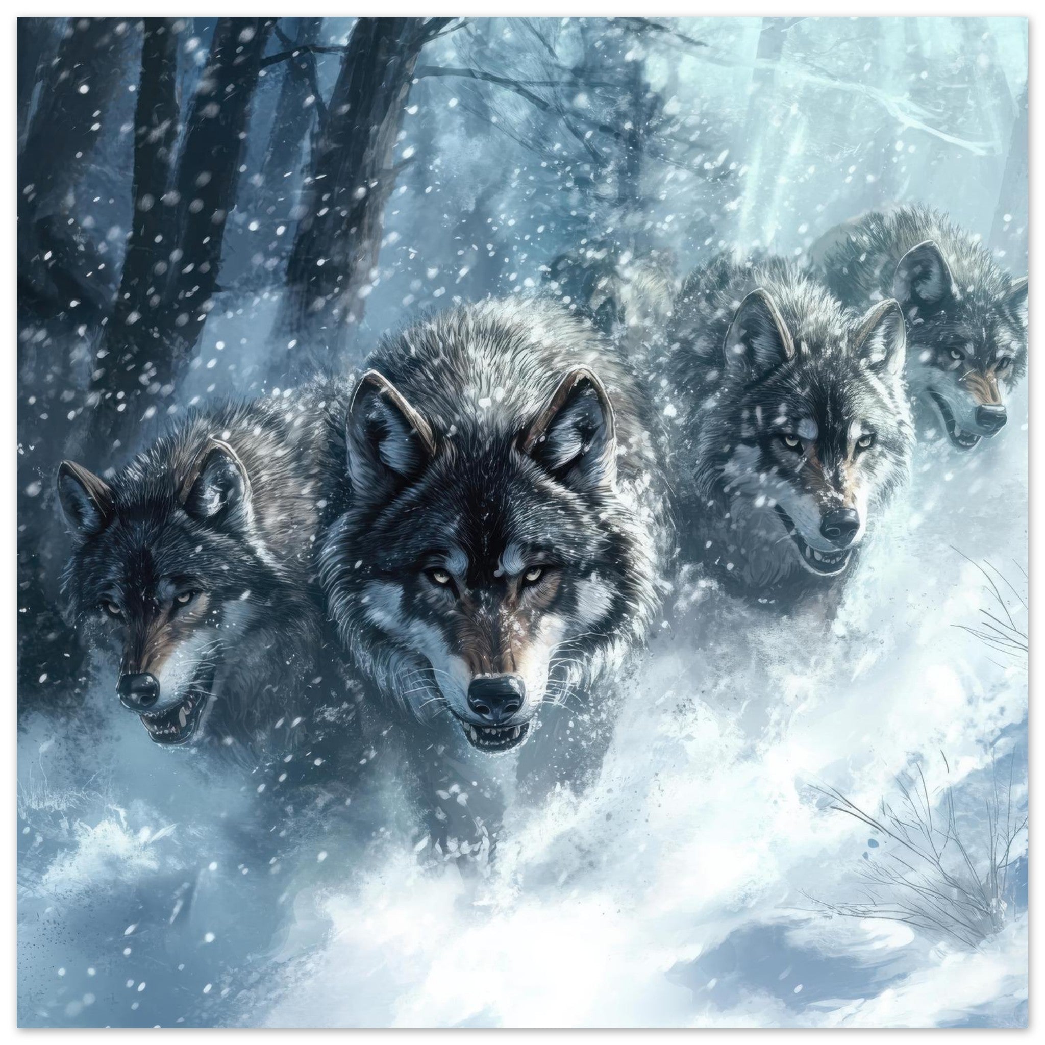 Aluminum Print Square - Wolf Pack in the Snowy Wilderness - Shop Ai Art WebShop - Digital Art online Store