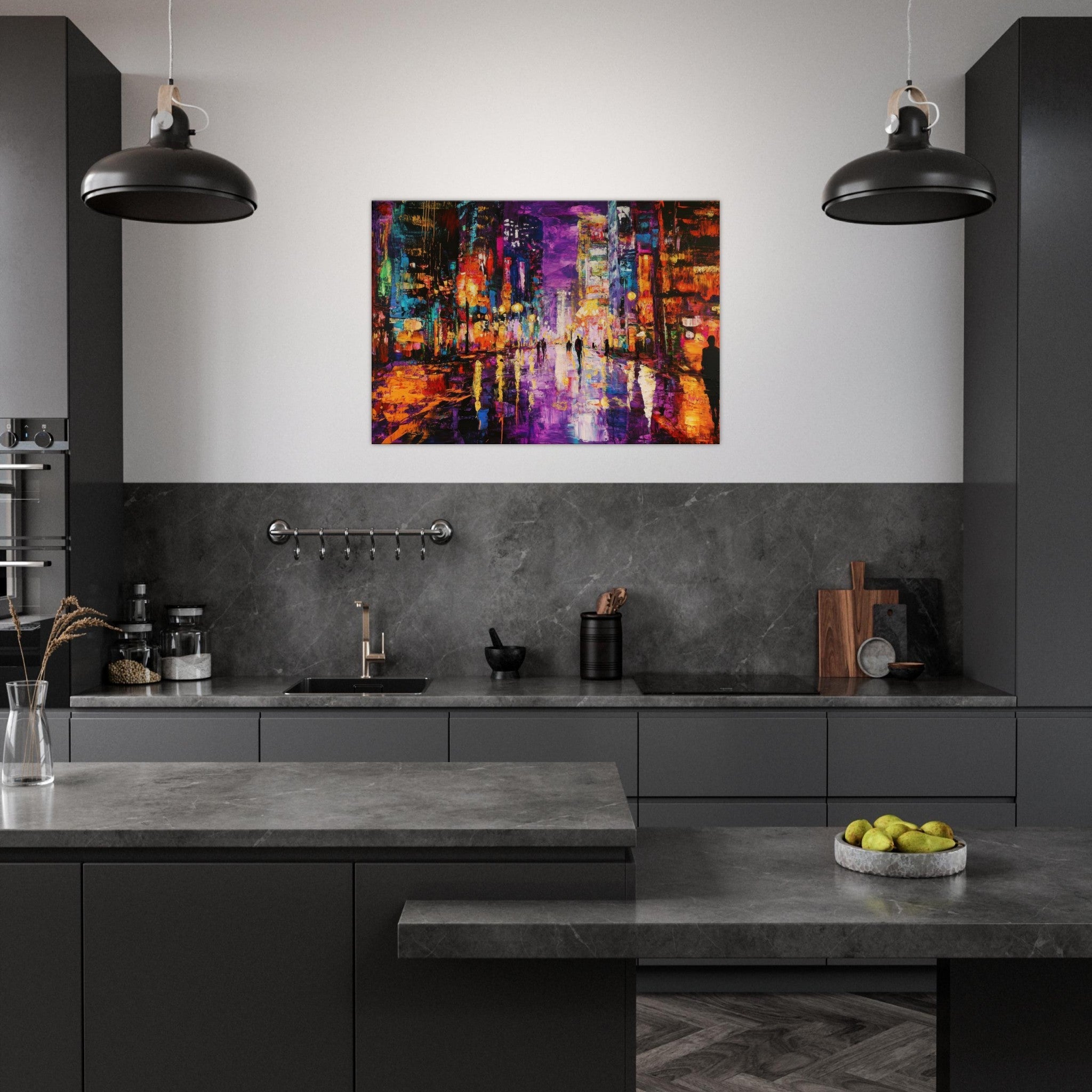 Canvas Landscape - A cityscape bathed in the dim glow of streetligh - Shop Ai Art WebShop - Digital Art online Store