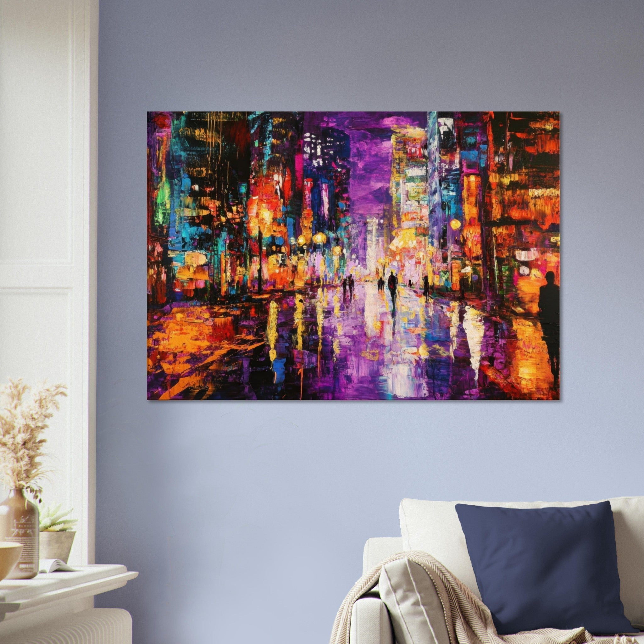 Canvas Landscape - A cityscape bathed in the dim glow of streetligh - Shop Ai Art WebShop - Digital Art online Store