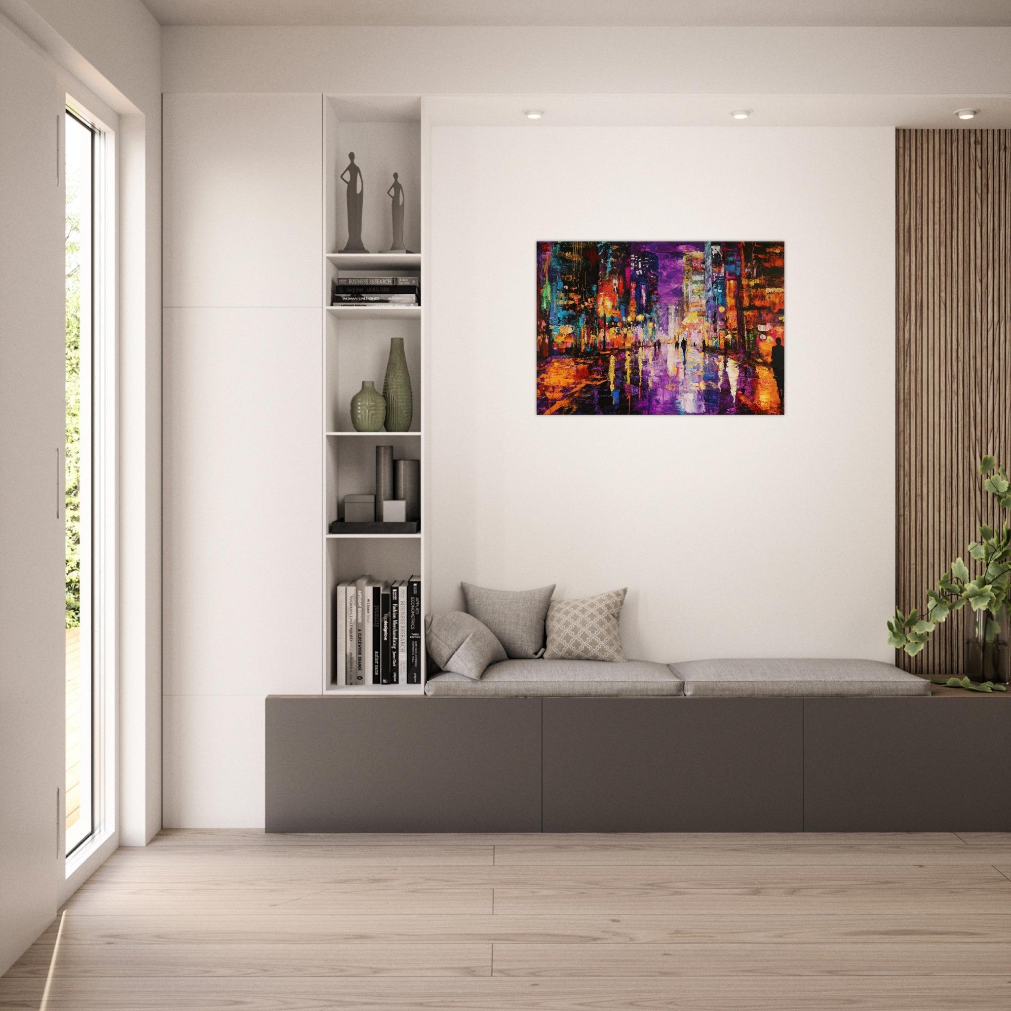 Canvas Landscape - A cityscape bathed in the dim glow of streetligh - Shop Ai Art WebShop - Digital Art online Store