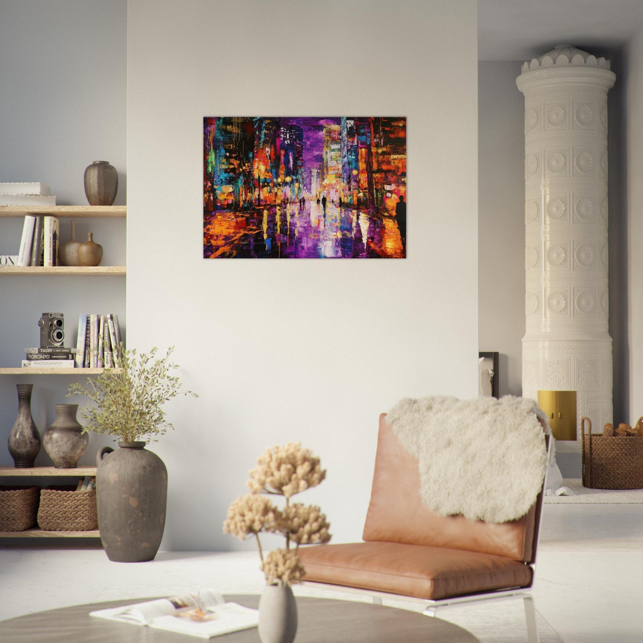 Canvas Landscape - A cityscape bathed in the dim glow of streetligh - Shop Ai Art WebShop - Digital Art online Store