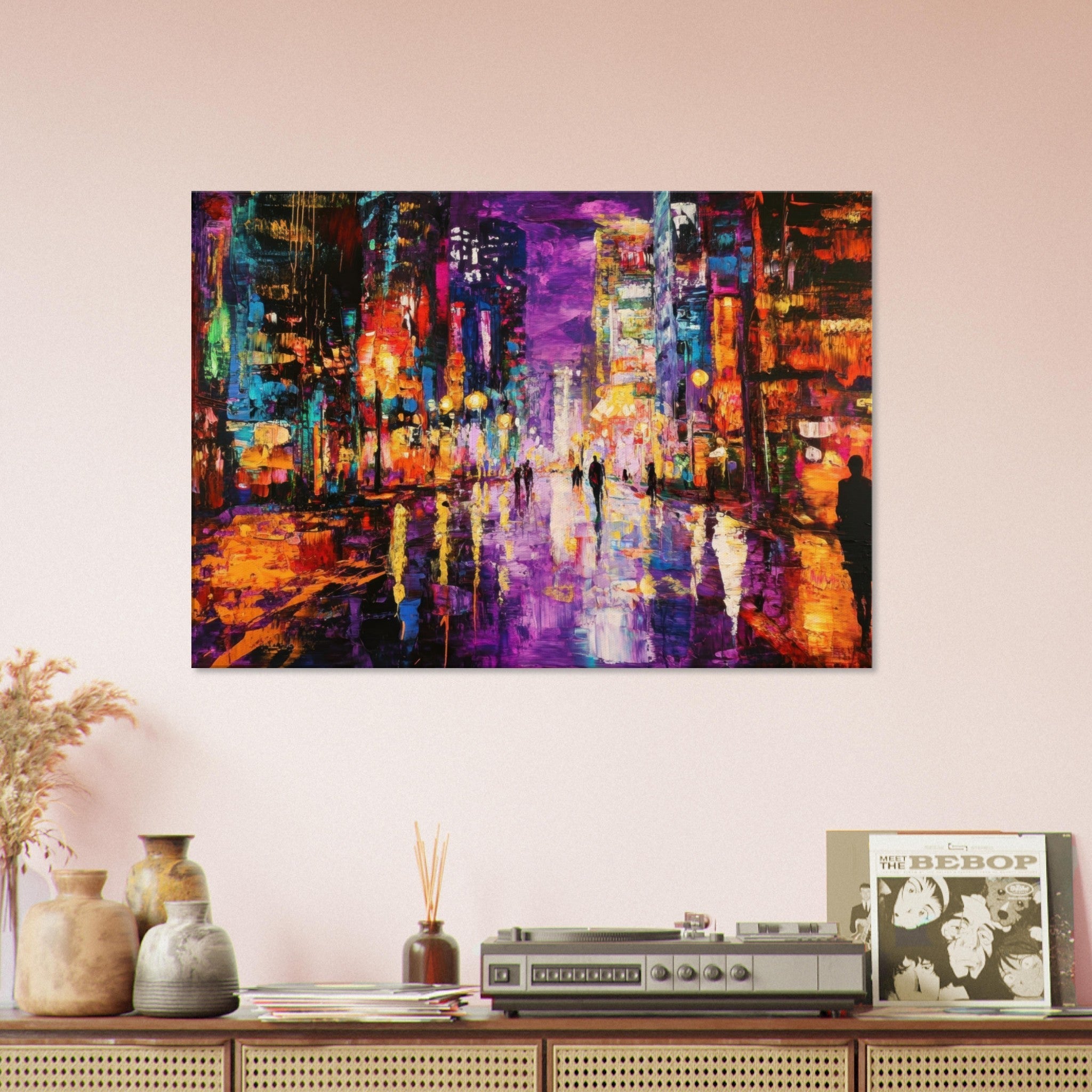 Canvas Landscape - A cityscape bathed in the dim glow of streetligh - Shop Ai Art WebShop - Digital Art online Store