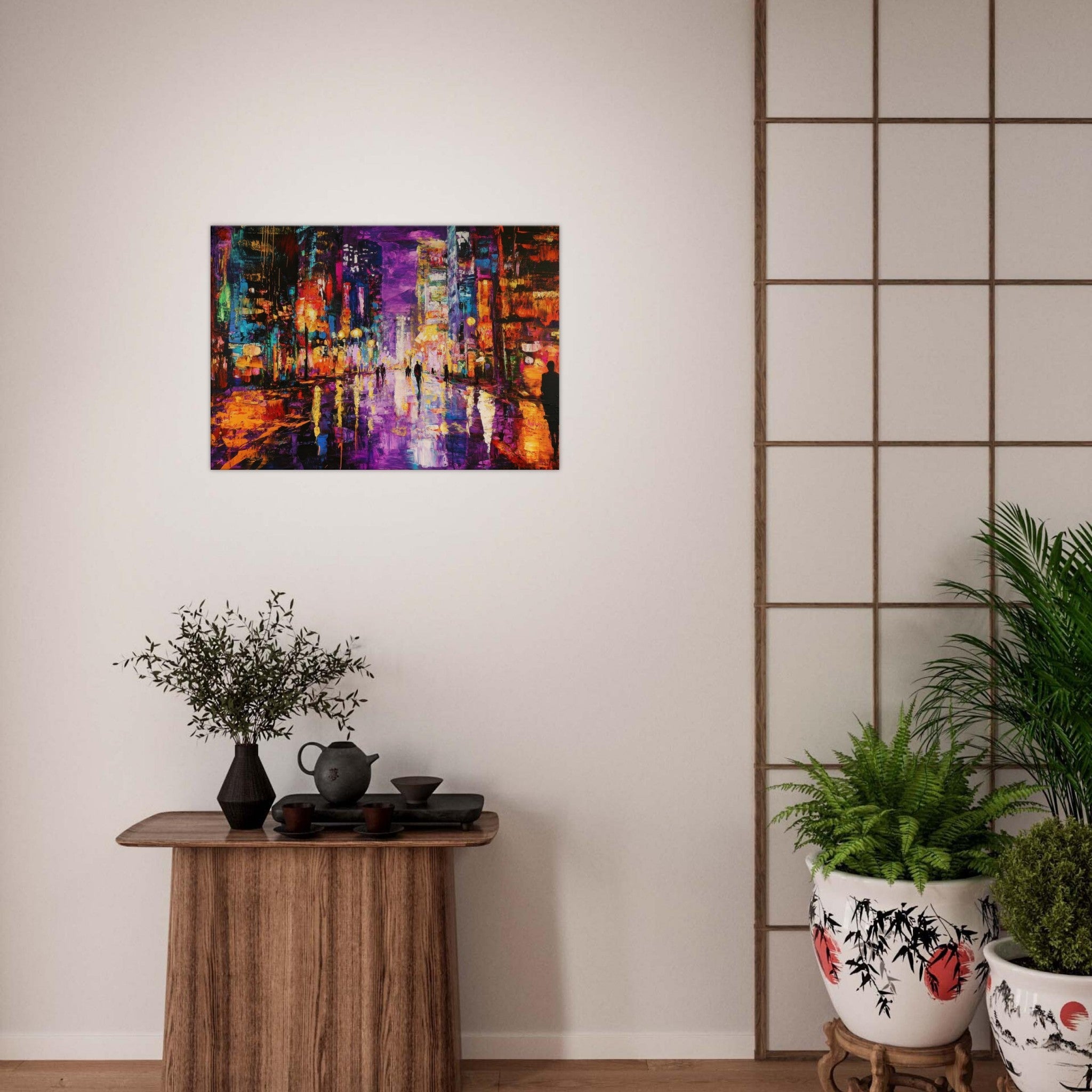 Canvas Landscape - A cityscape bathed in the dim glow of streetligh - Shop Ai Art WebShop - Digital Art online Store